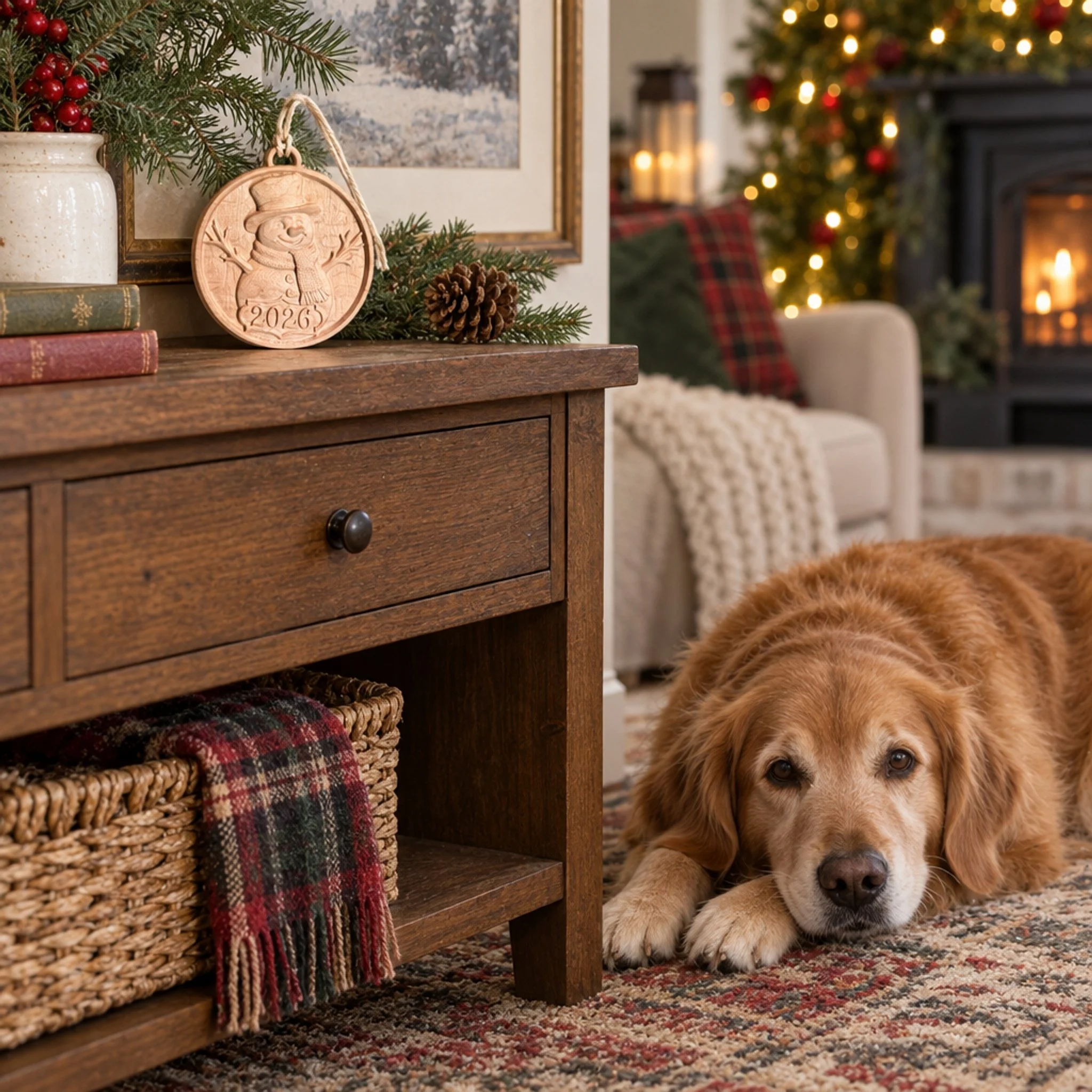 Carved snowman ornament on a side cabinet in a holiday living room with a golden retriever