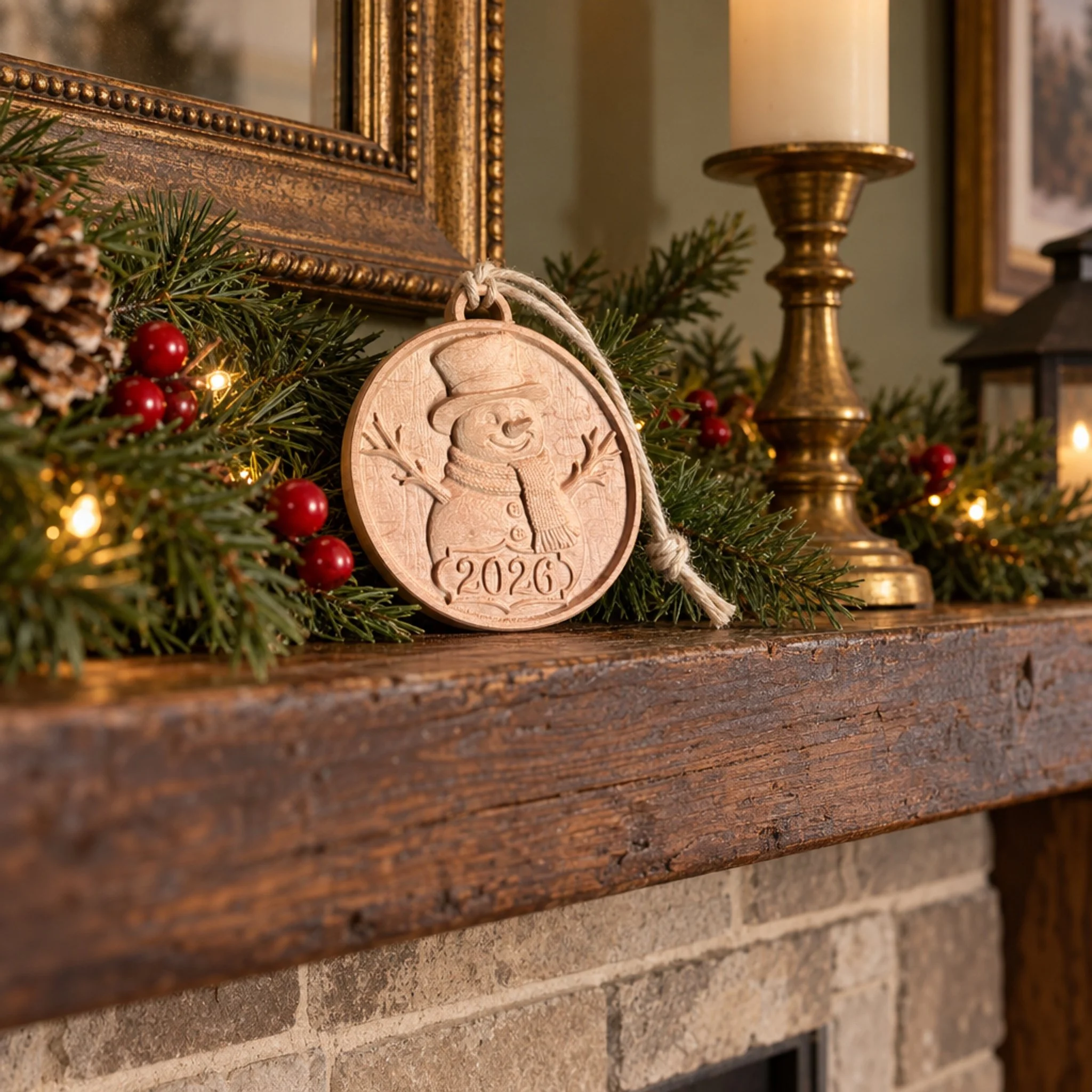 Carved maple snowman ornament on a decorated mantel beside evergreen garland and a candle