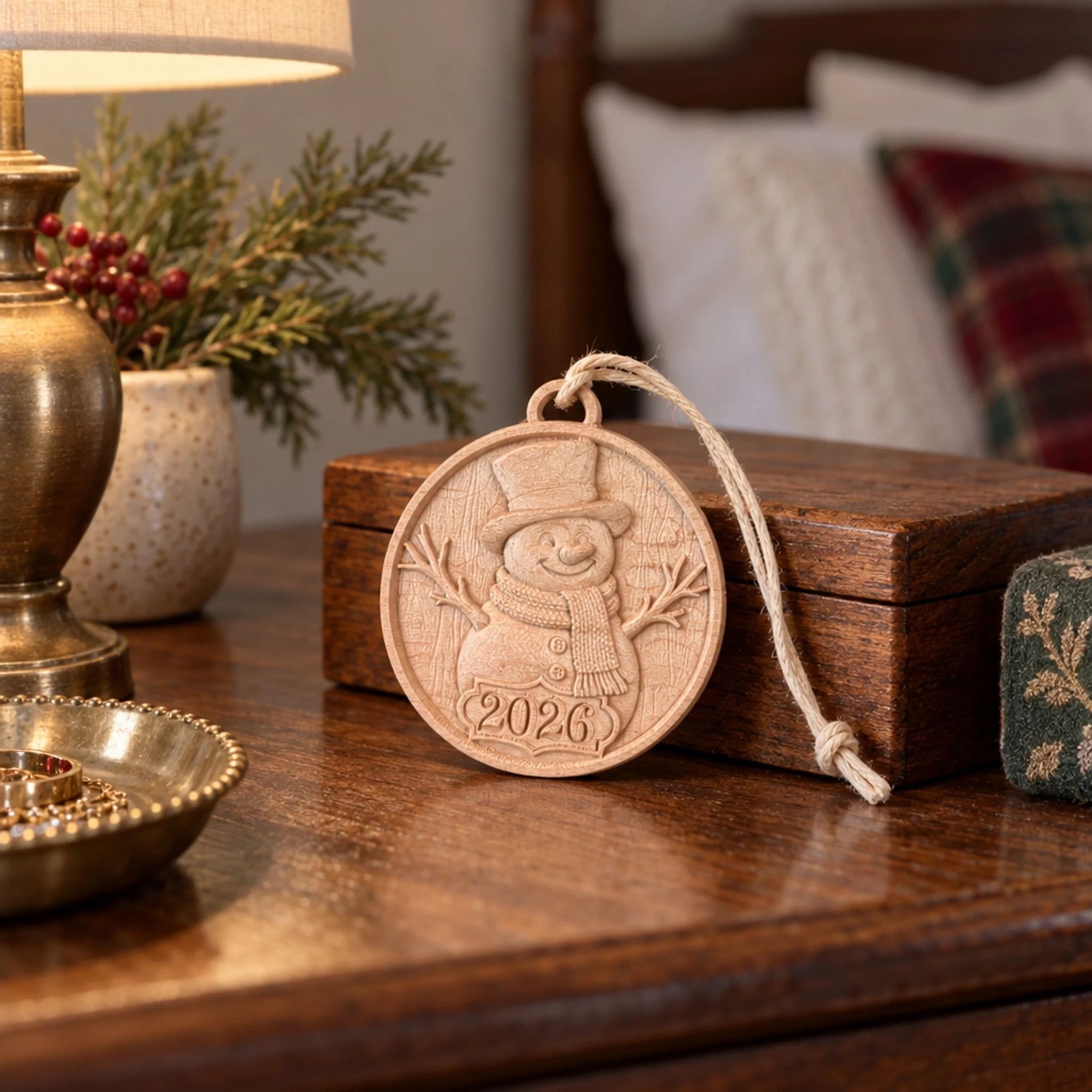 2026 snowman ornament on a bedroom side table beside a wood box and winter greenery