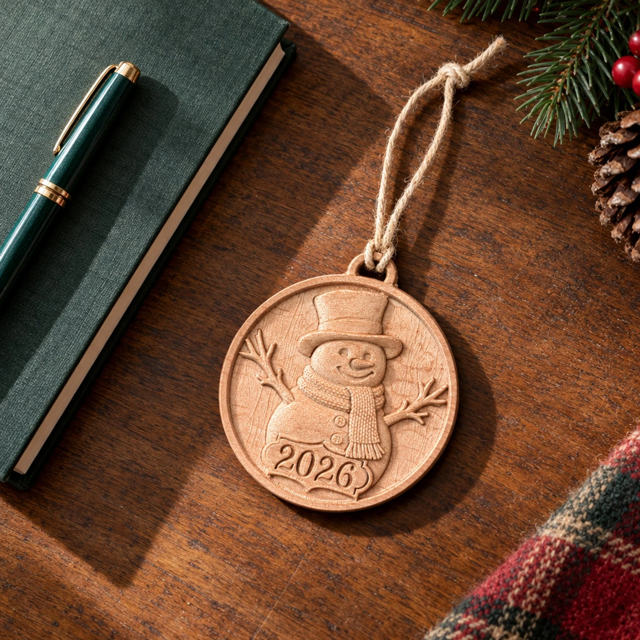 Overhead view of the carved snowman ornament on a wooden desk beside a notebook and pen