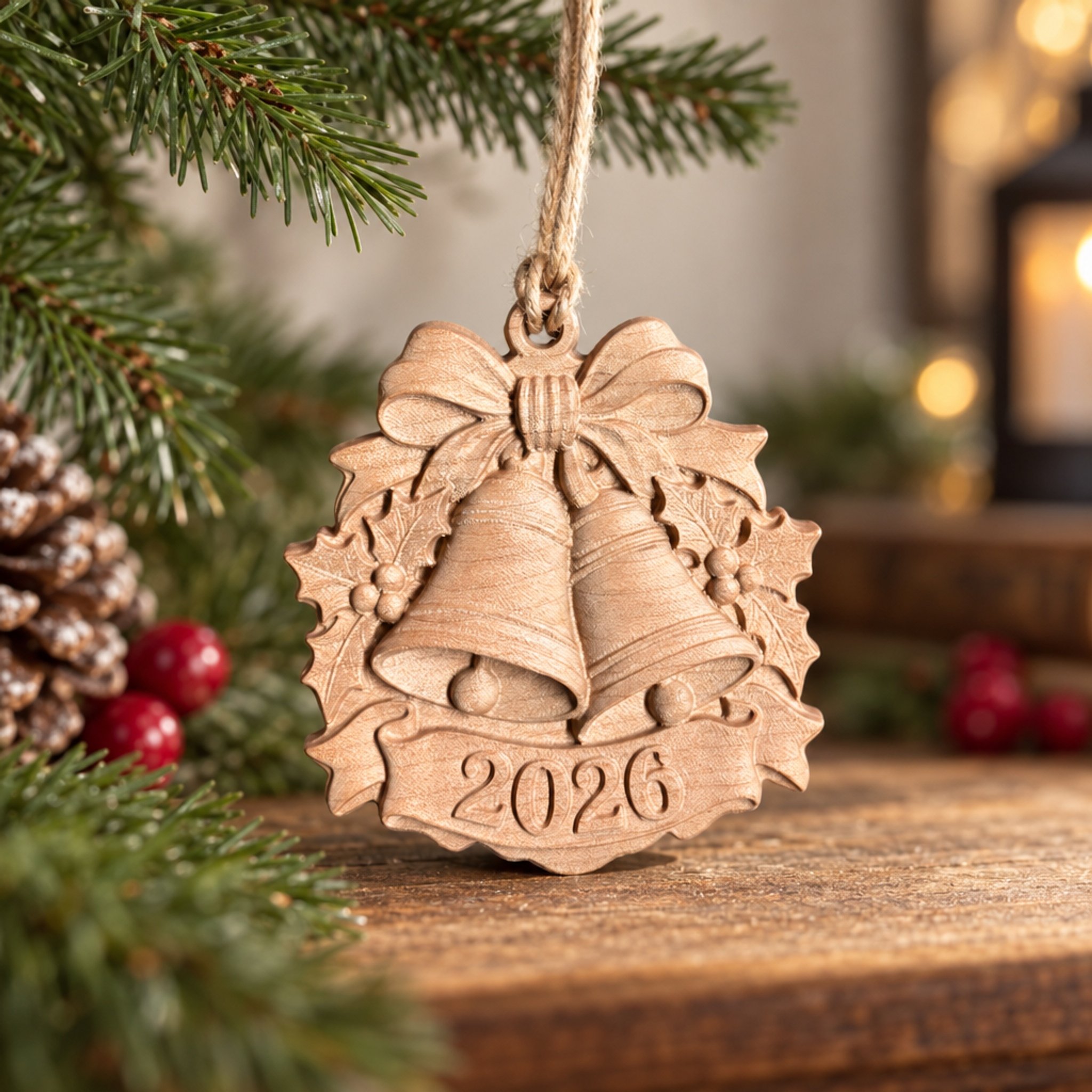 2026 maple Christmas bells ornament with carved bow and holly, shown by evergreen branches.