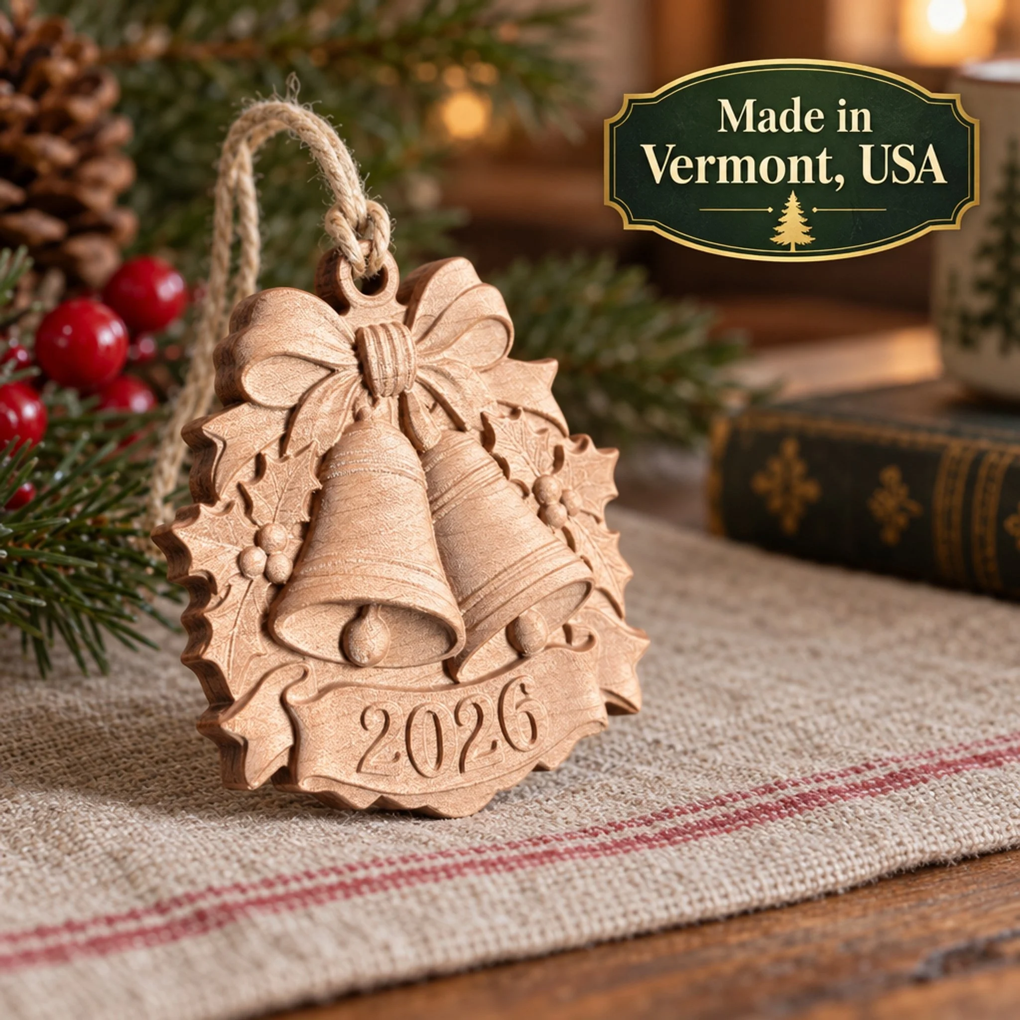 2026 maple Christmas bells ornament on linen beside a Made in Vermont, USA graphic.