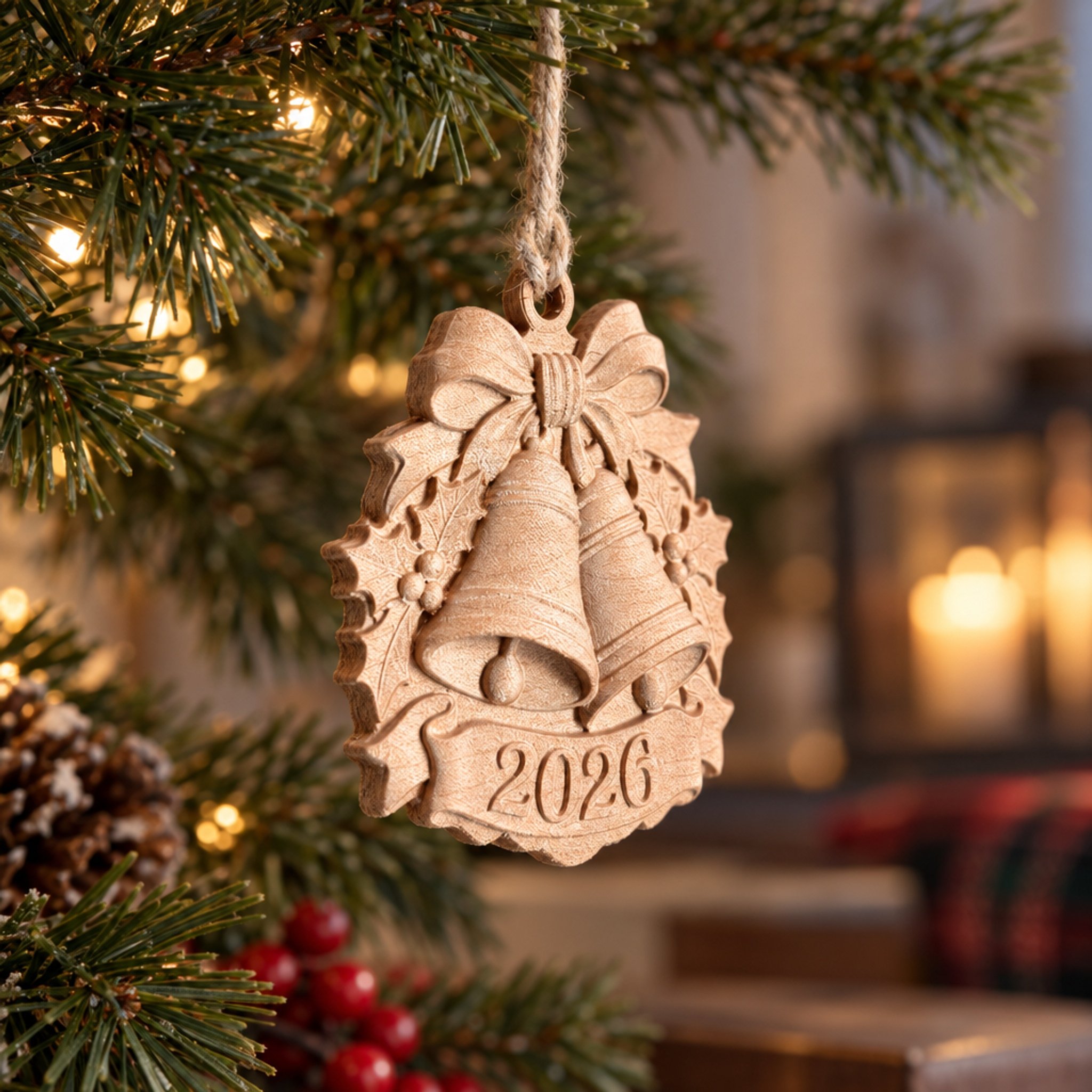 Maple bells and holly ornament dated 2026 hanging from an evergreen branch.