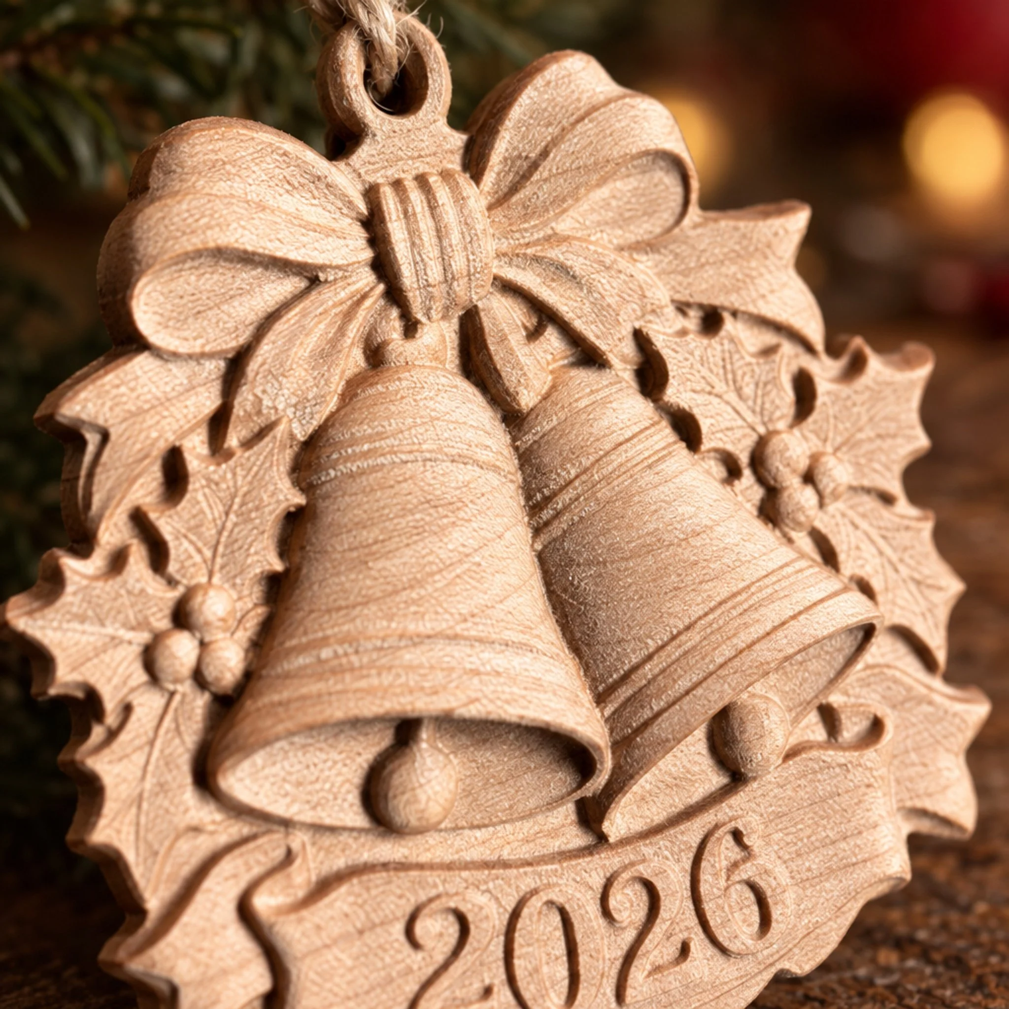 Close-up of carved maple bells, bow, holly leaves, and 2026 ribbon.