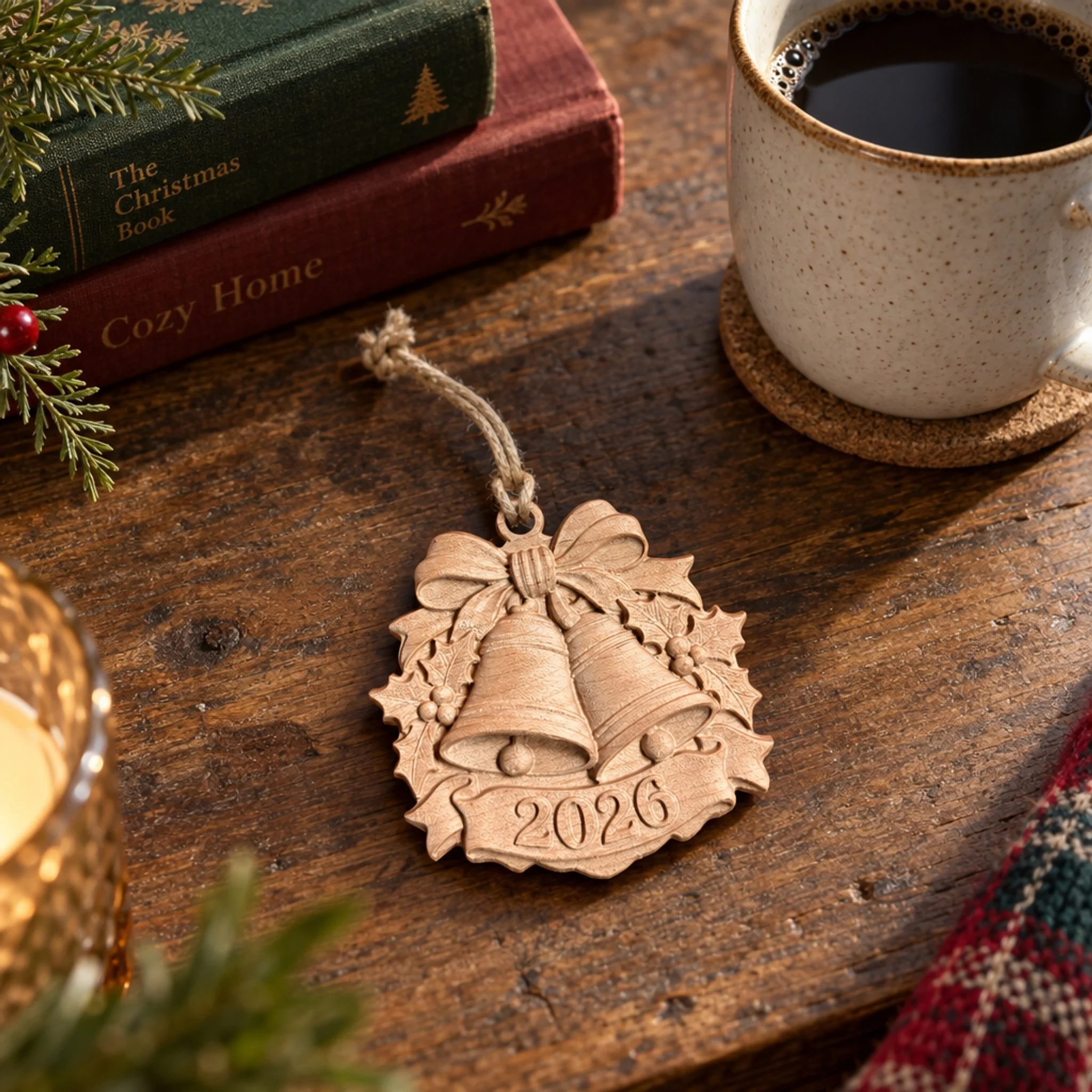 Maple bells ornament beside a mug and Christmas books on a wooden table.