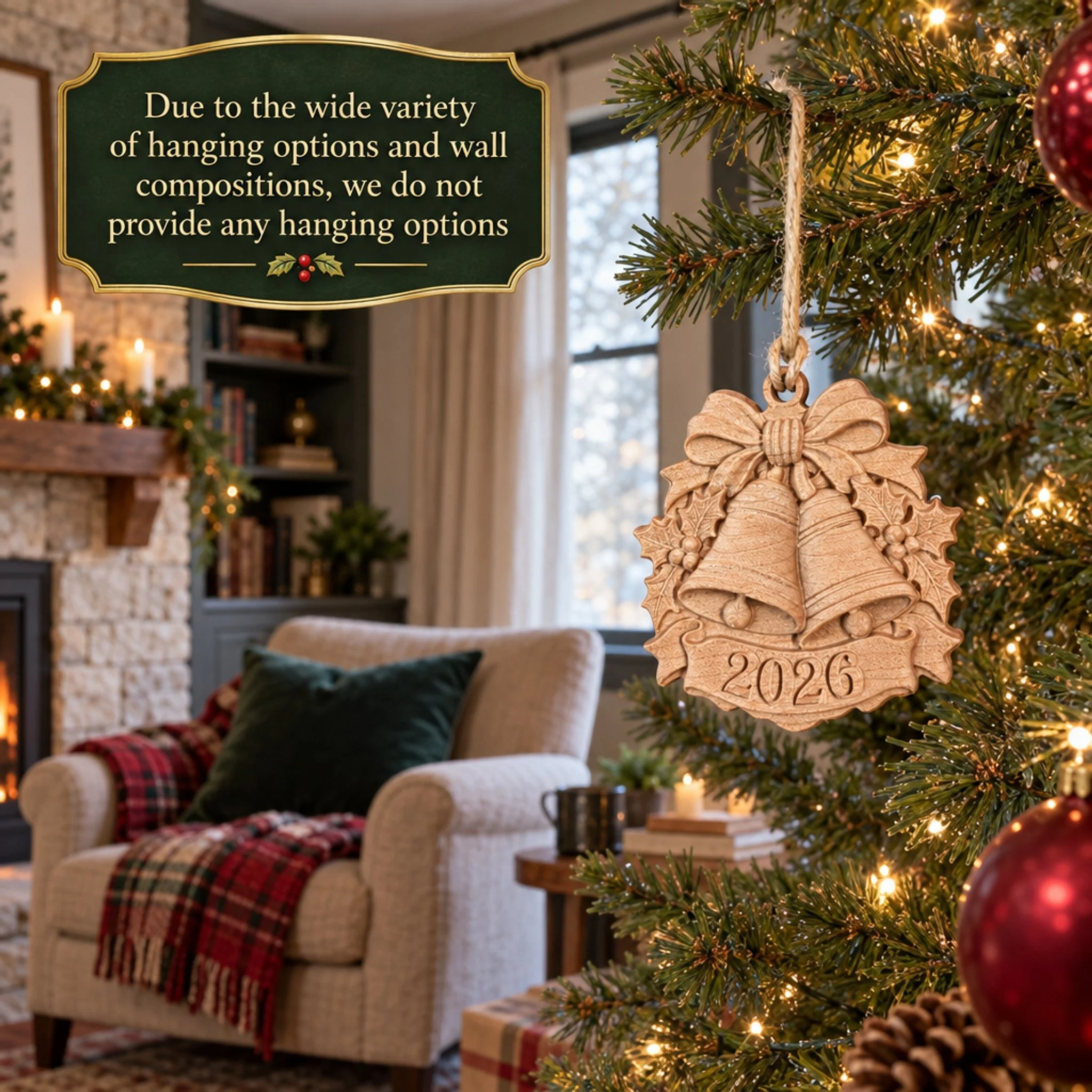 Maple bells ornament on a Christmas tree with a notice that hanging options are not included.