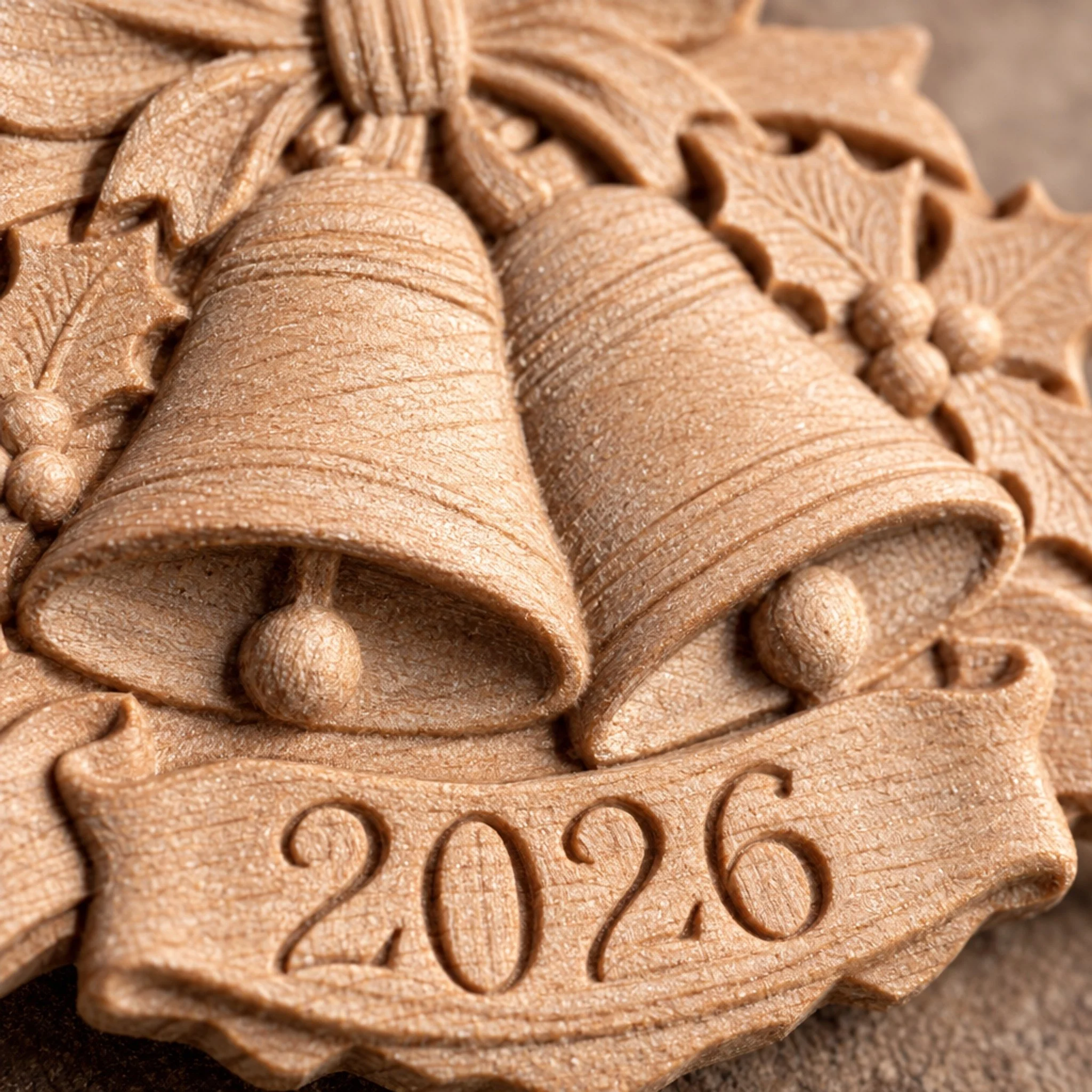 Close-up of wood grain and carved 2026 ribbon on the bells ornament.
