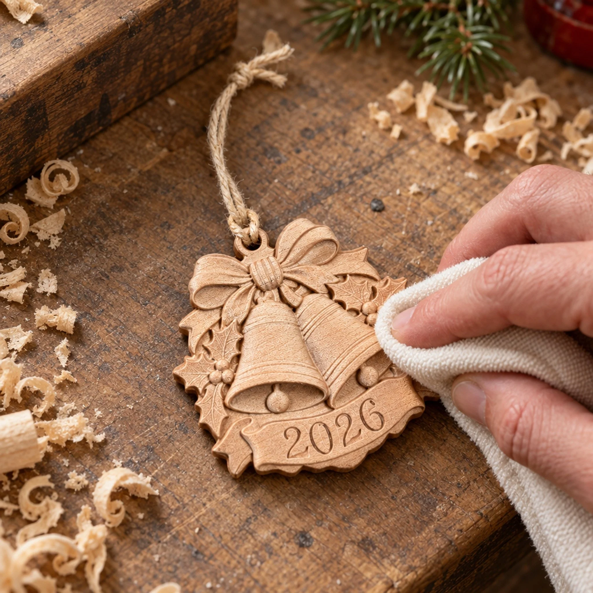 A hand wiping the carved 2026 maple bells ornament with a soft cloth.
