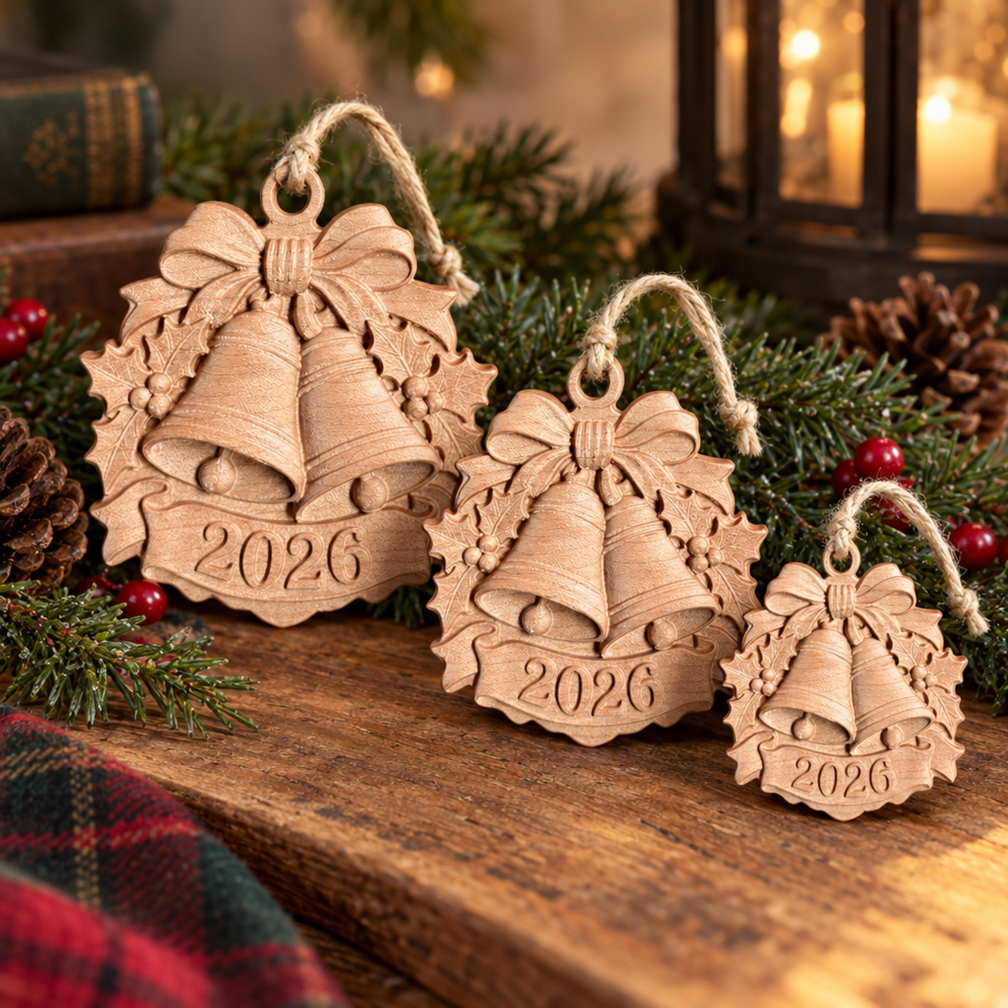 Three 2026 maple bells ornaments arranged by size among evergreen branches.
