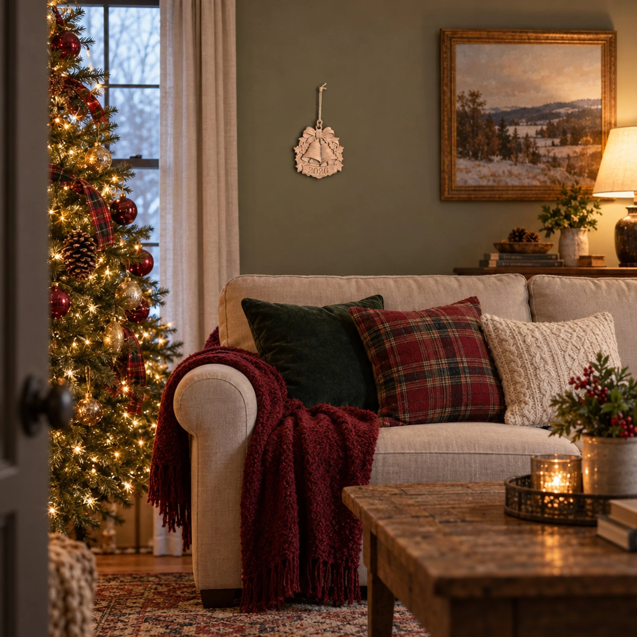 Bells ornament displayed on a wall above a sofa in a decorated living room.
