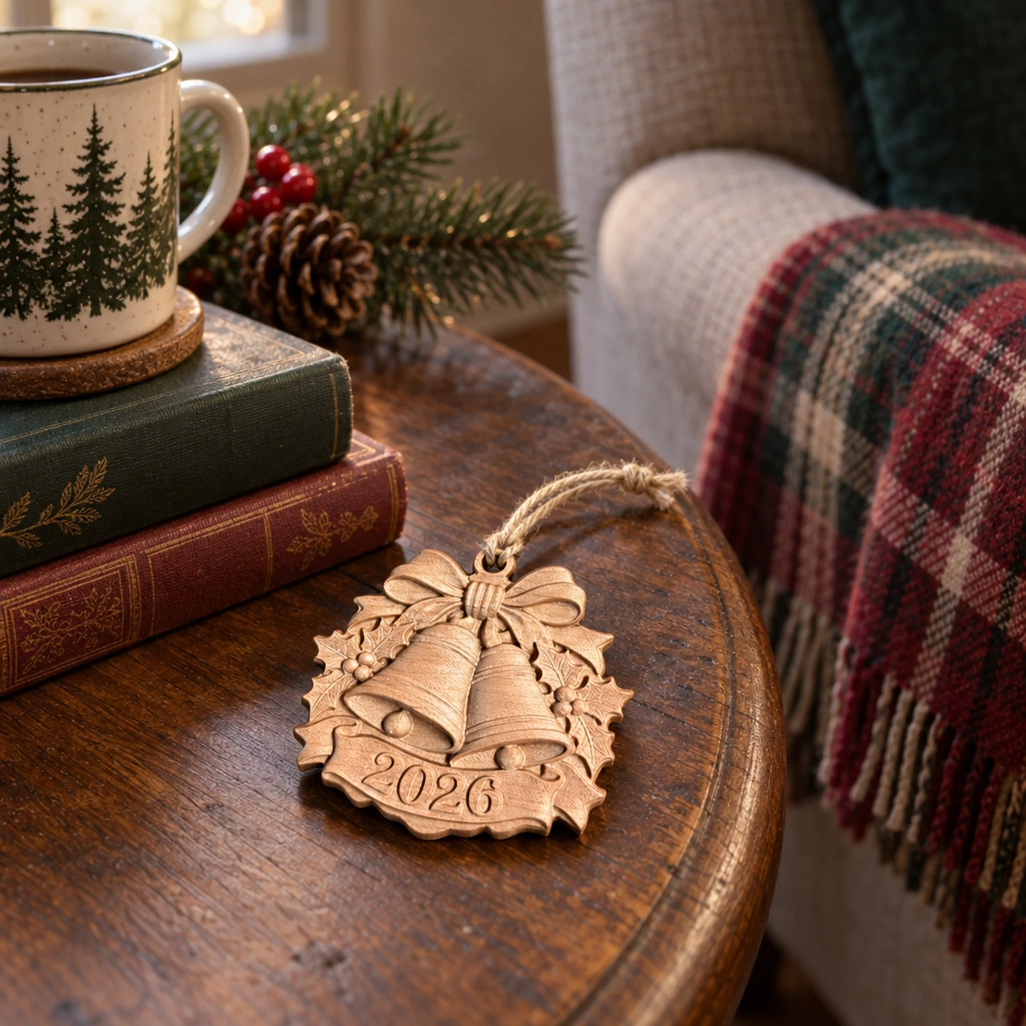 2026 maple bells ornament on a side table beside books, a mug, and plaid throw.