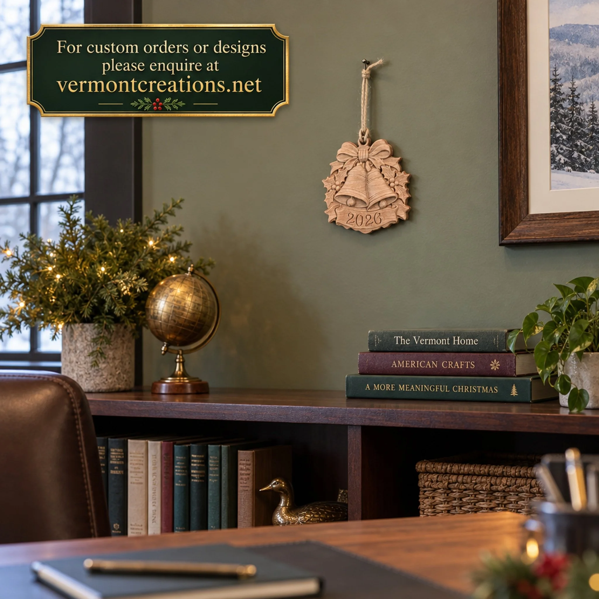 Bells ornament hung on an office wall beneath a custom-order website graphic.