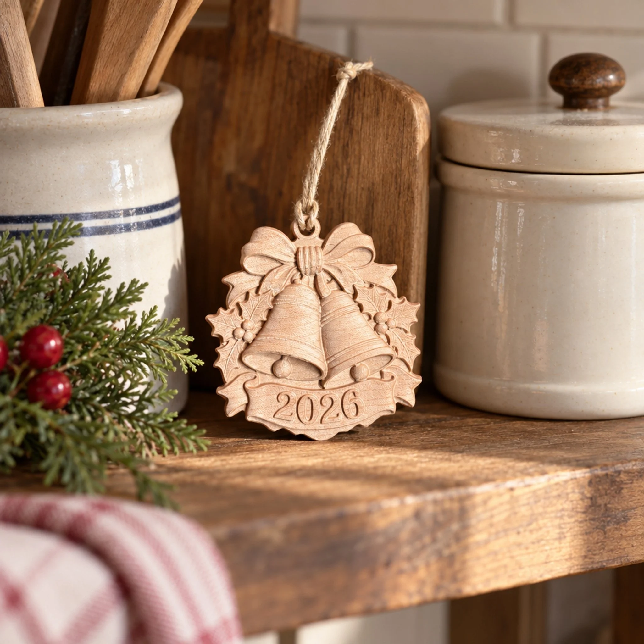 Carved bells ornament on a kitchen shelf beside stoneware and greenery.