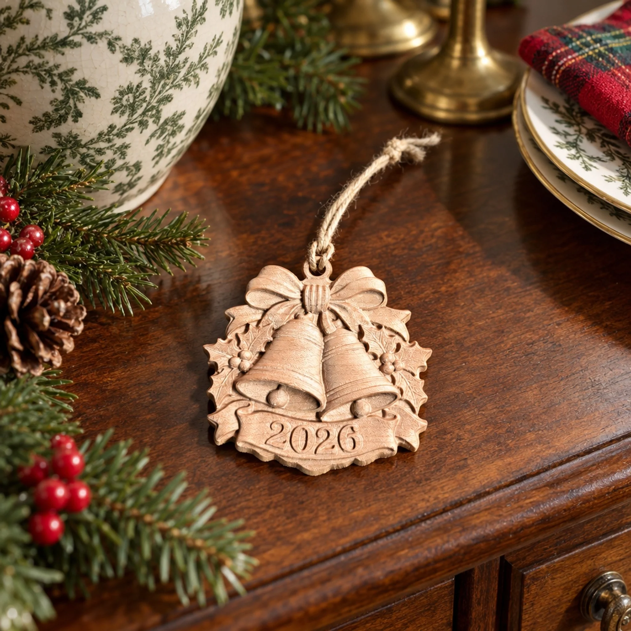 2026 bells ornament on a dining table beside evergreen and holiday dishes.
