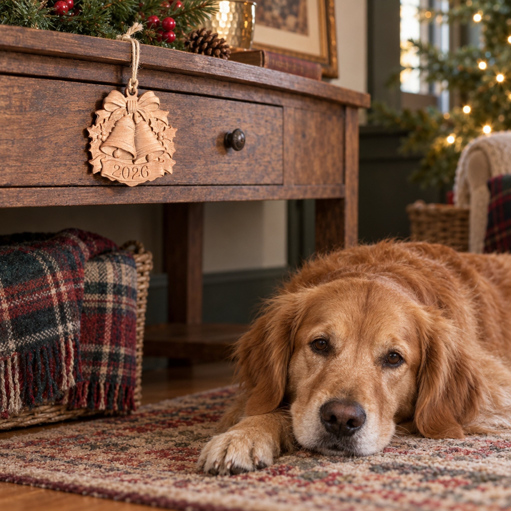 Maple bells ornament hanging from a cabinet near a resting golden retriever.