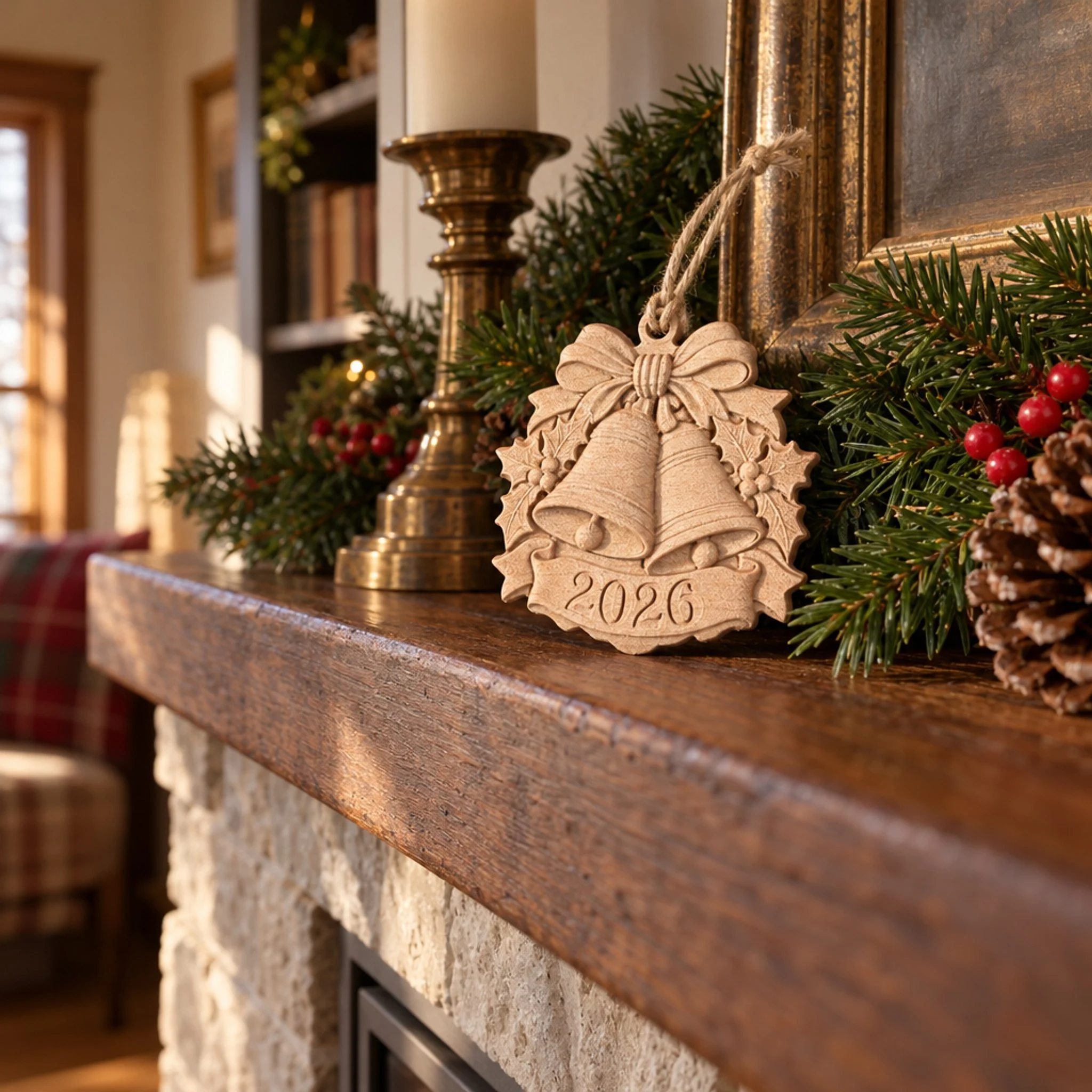 2026 maple bells ornament displayed on a mantel with evergreen garland.