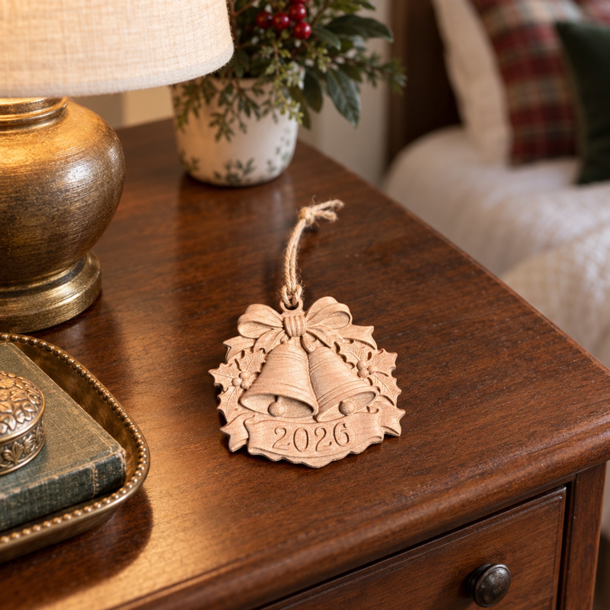 Bells ornament laid on a bedside table beside a lamp and holiday greenery.