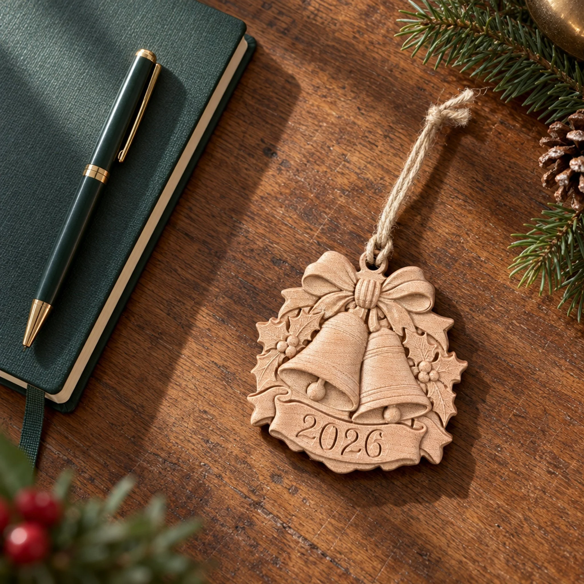 Close view of the 2026 bells ornament on a wooden desk beside a notebook and pen.