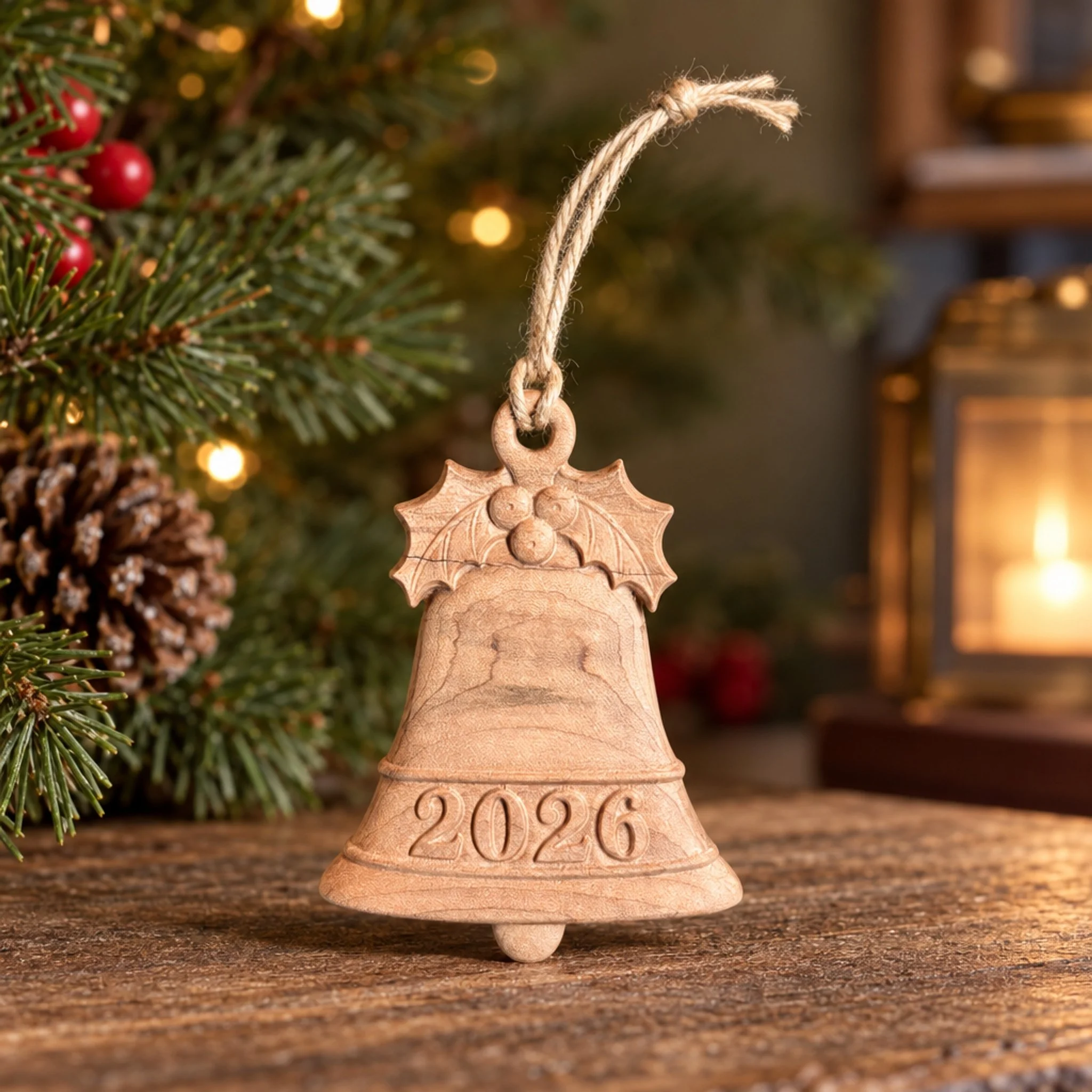 Unfinished maple 2026 bell ornament with carved holly and berries, displayed with Christmas greenery.