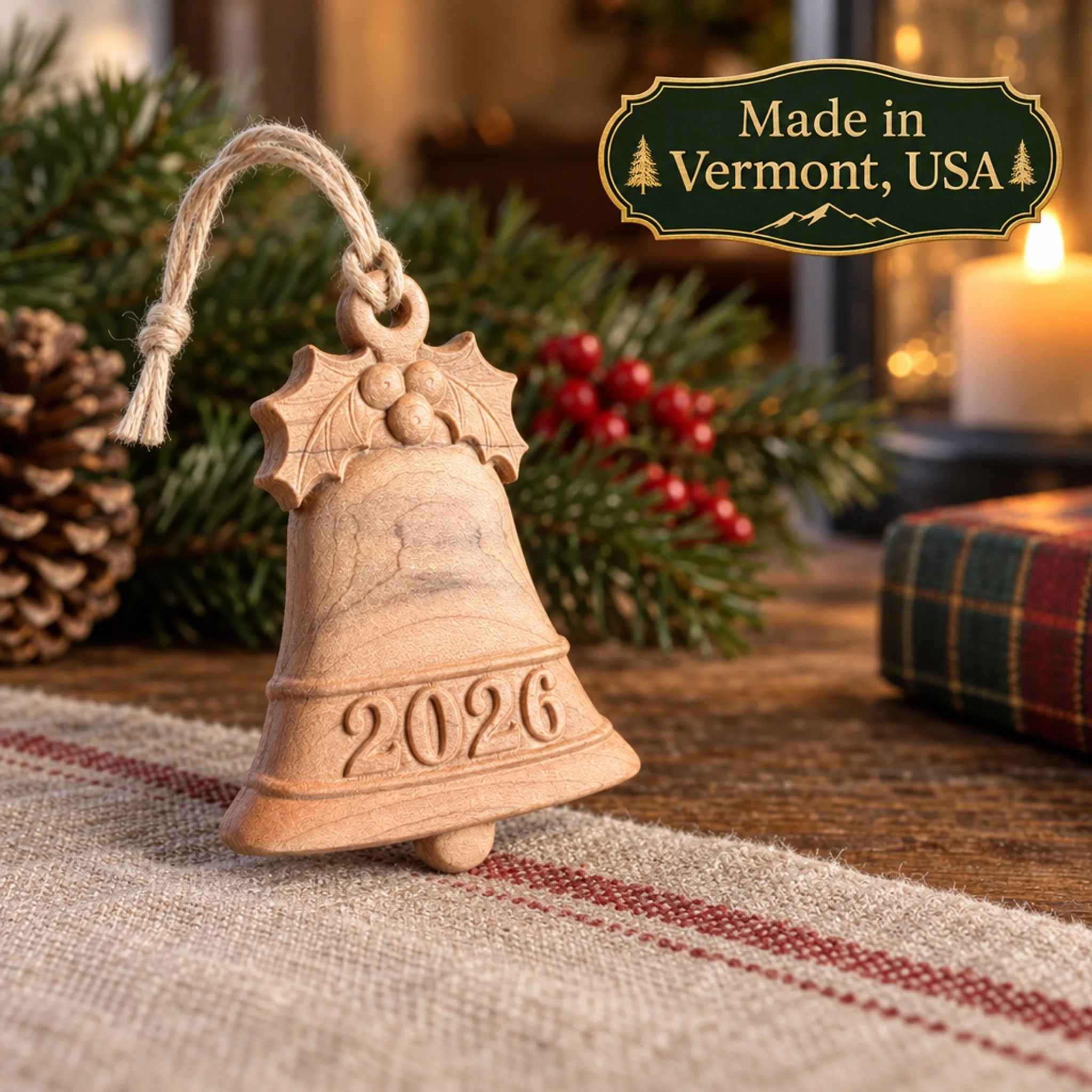 Maple 2026 bell ornament beside evergreen branches with Made in Vermont, USA graphic.