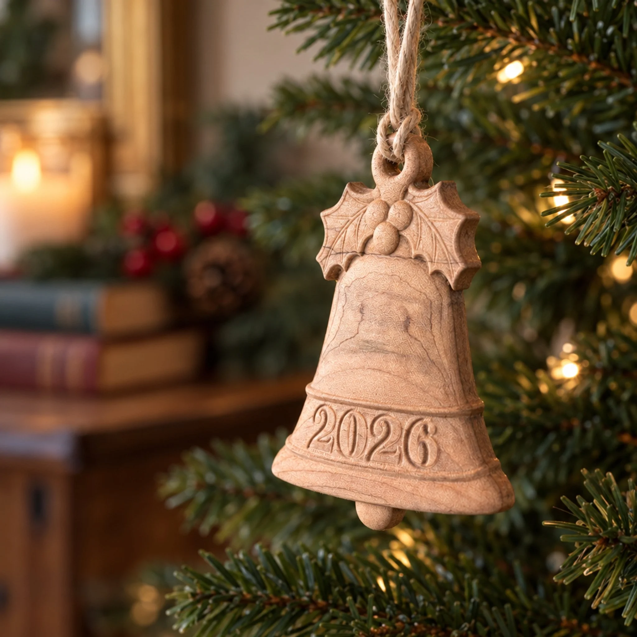 Unfinished maple 2026 bell ornament hanging among evergreen tree branches.