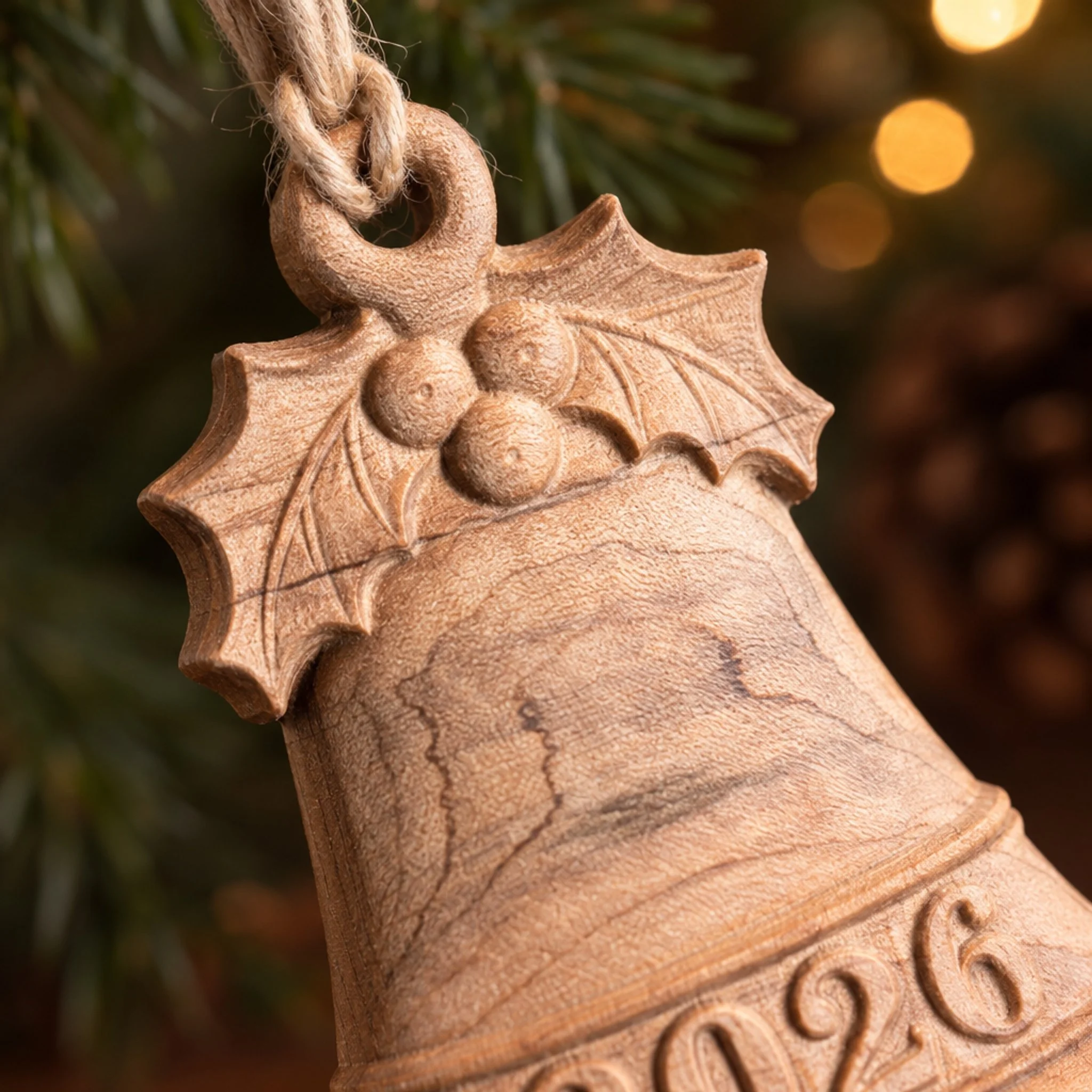 Close-up of carved holly leaves, berries, and maple wood grain on bell ornament.