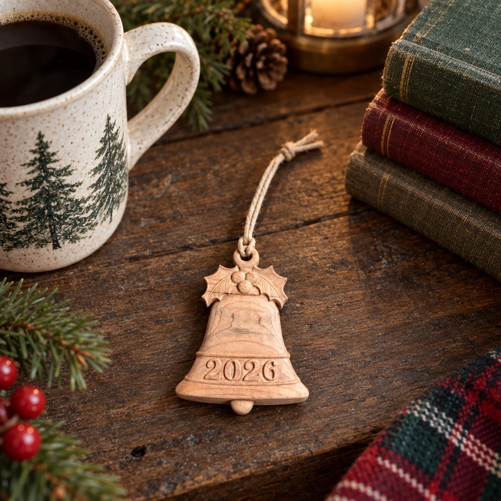 Maple 2026 bell ornament on a wood table beside a mug and Christmas books.