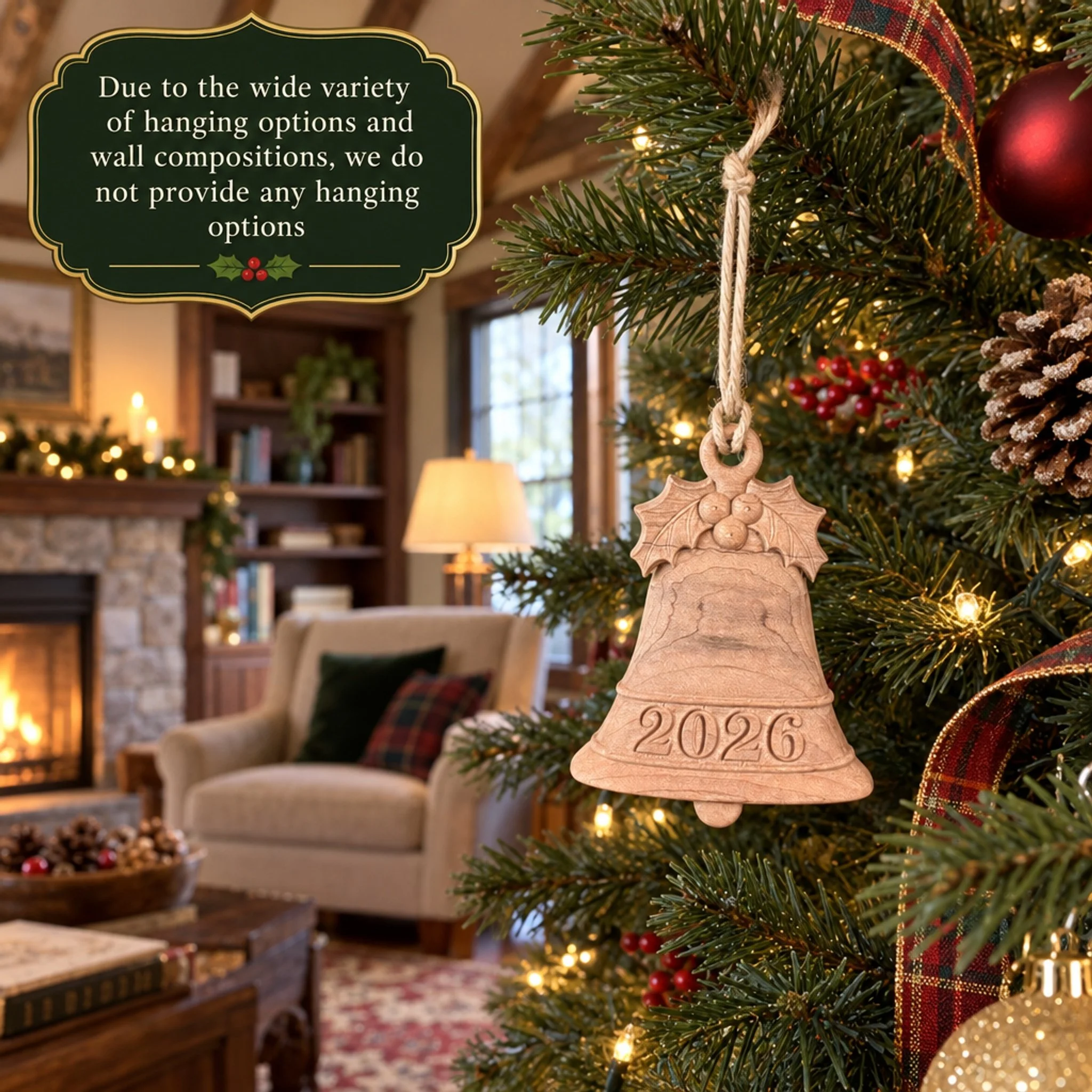 Maple bell ornament with carved holly hanging on a Christmas tree; graphic notes no hanging options are supplied.