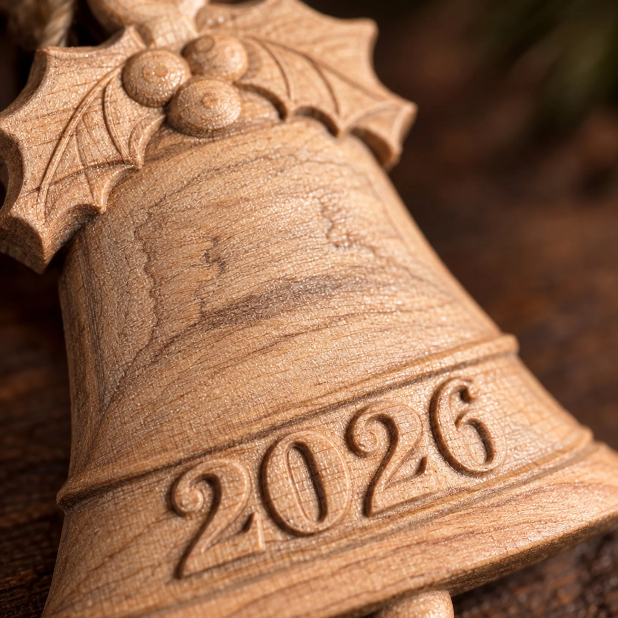 Detail of maple grain, holly carving, and 2026 lettering on the bell ornament.