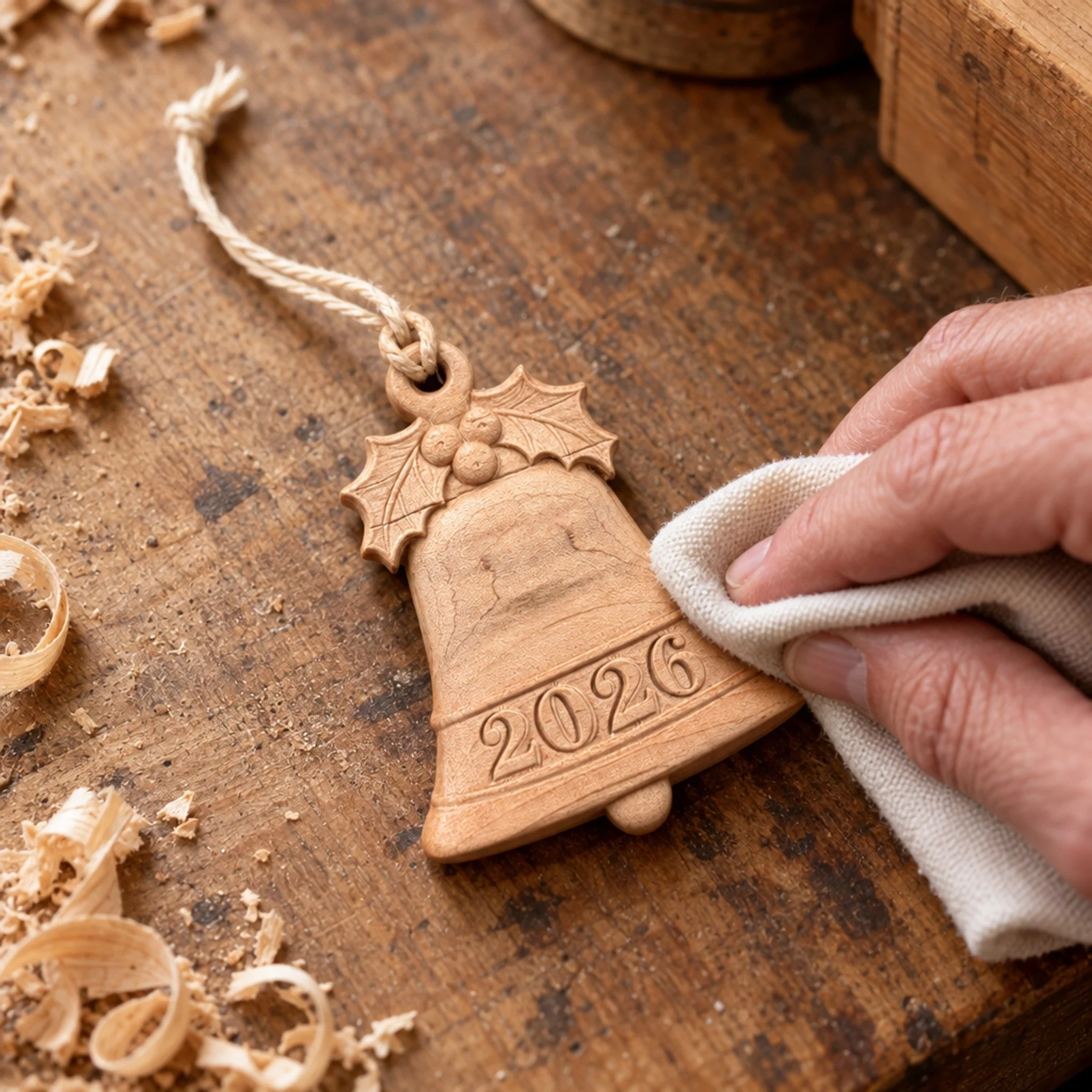 Hand gently wiping the carved maple bell ornament on a woodworker’s bench.
