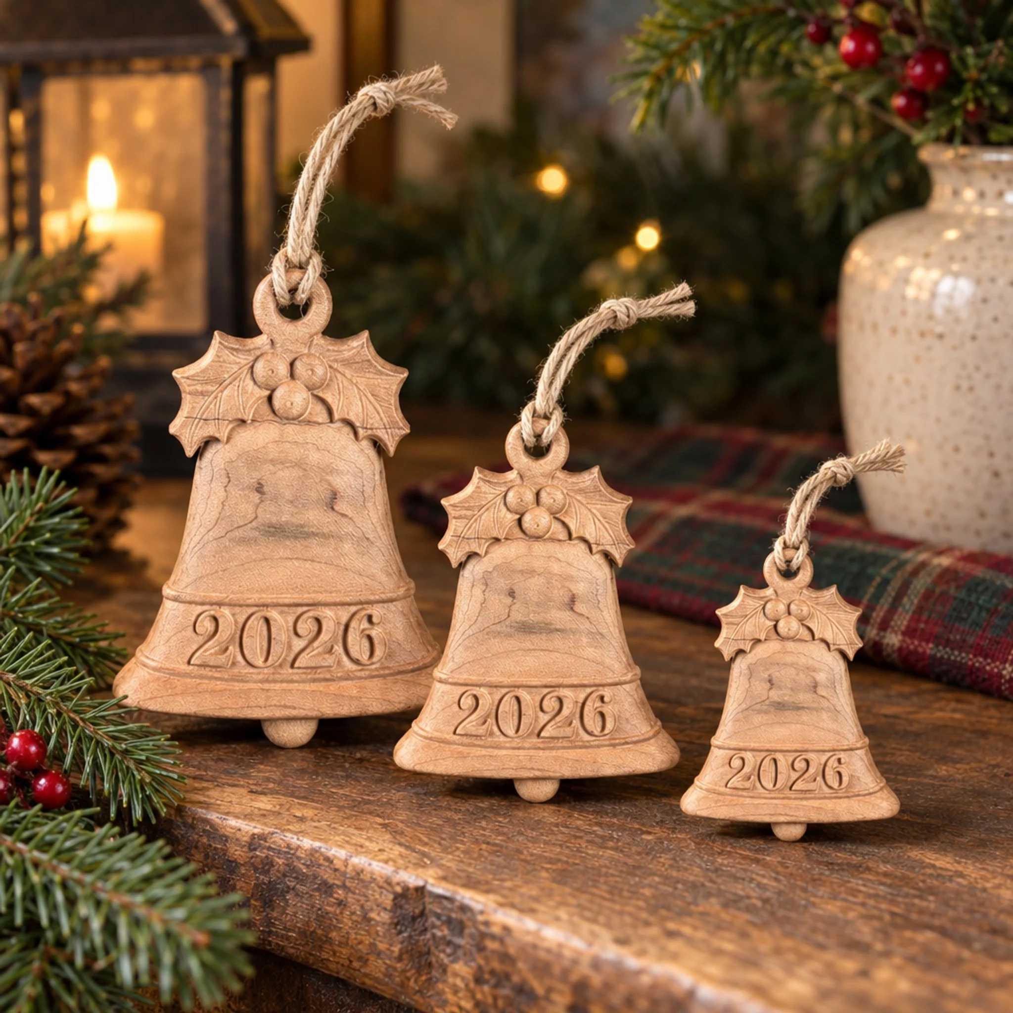 Three maple 2026 bell ornaments of graduated sizes arranged with greenery.