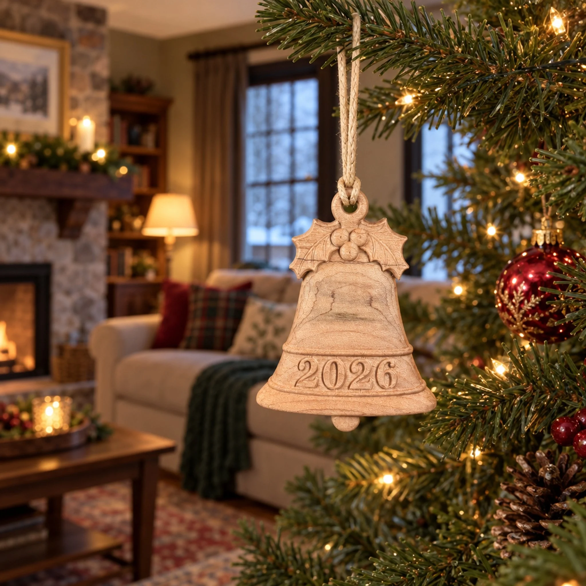 Carved 2026 maple bell ornament hanging on a Christmas tree in a living room.