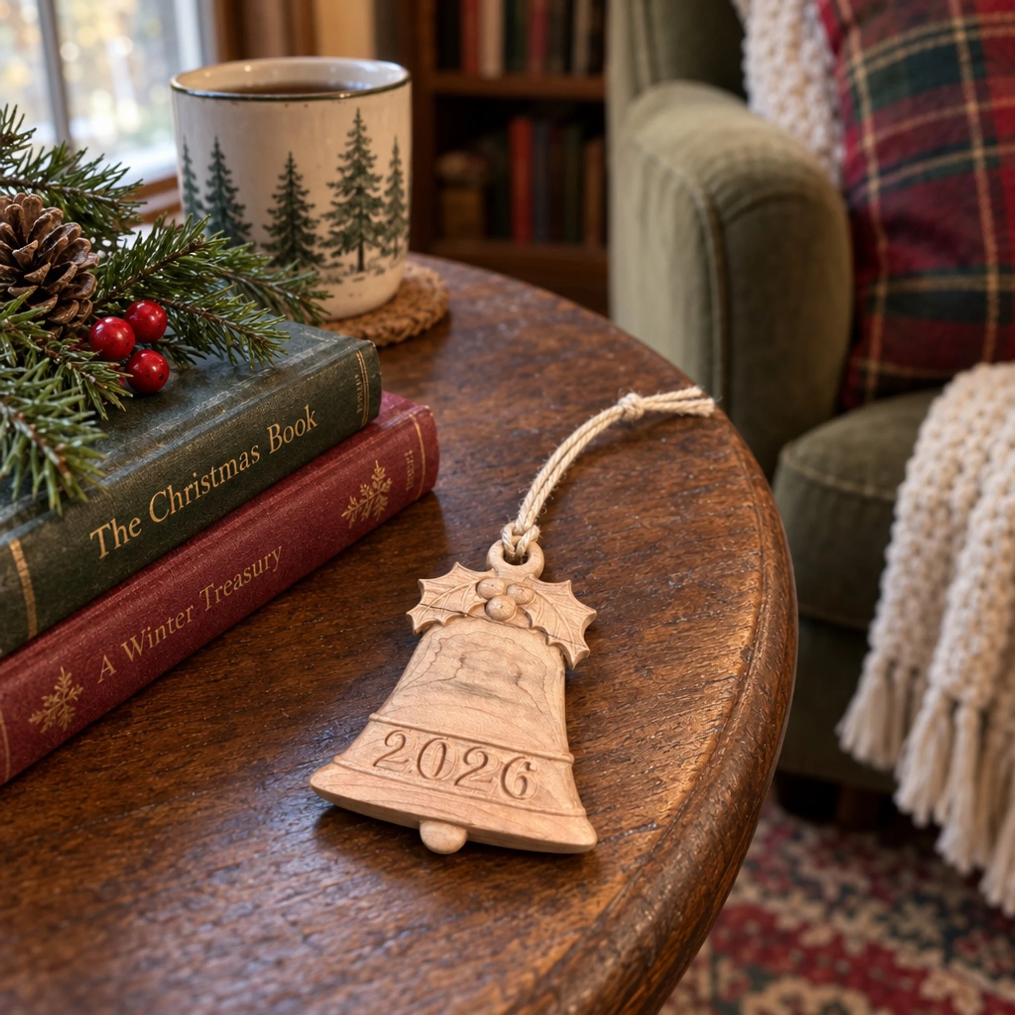 Maple bell ornament on a reading-side table with books, a mug, and evergreen accents.