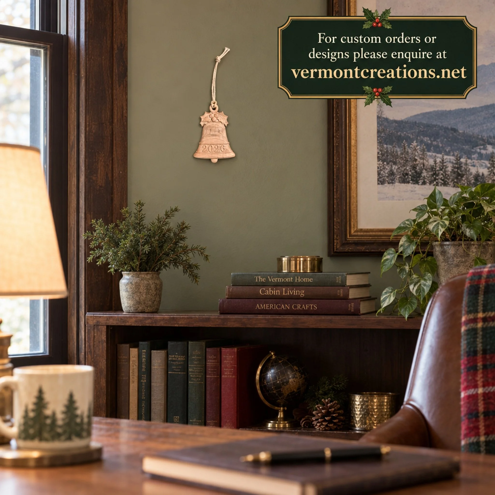 Maple 2026 bell ornament on an office wall beneath a custom-orders website graphic.
