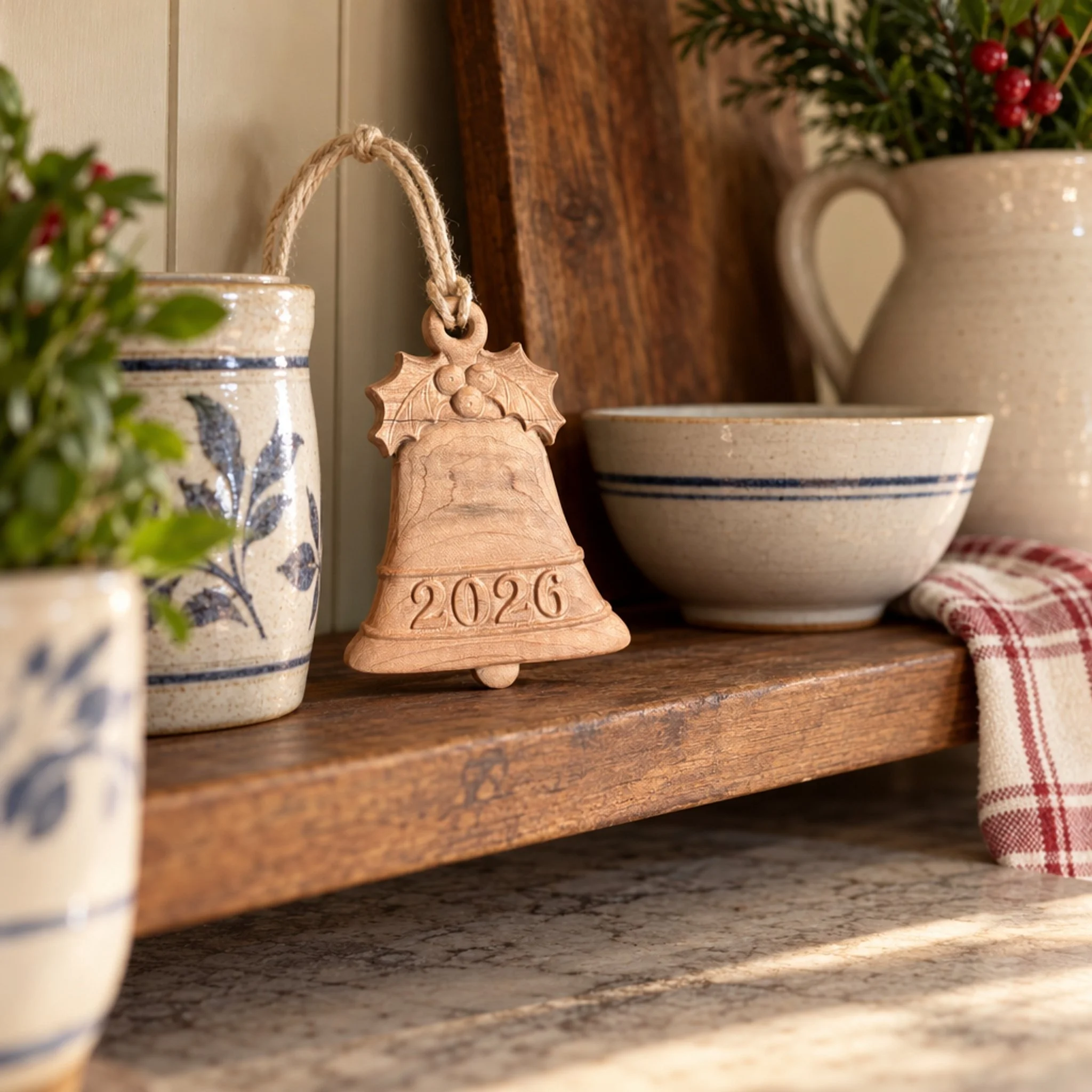 Carved maple bell ornament displayed on a kitchen shelf beside stoneware.