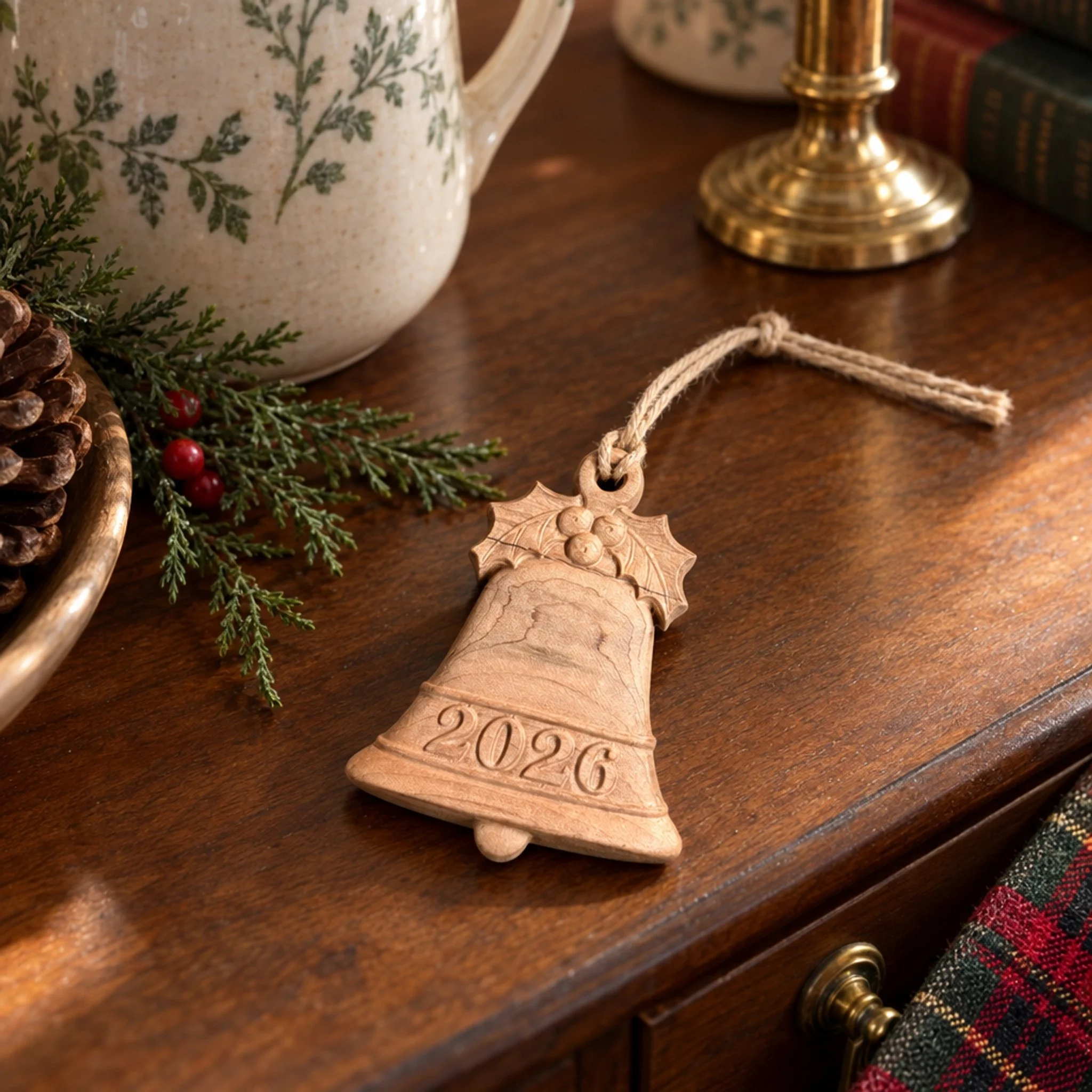 Maple 2026 bell ornament on a dining table beside evergreen decorations and dishes.