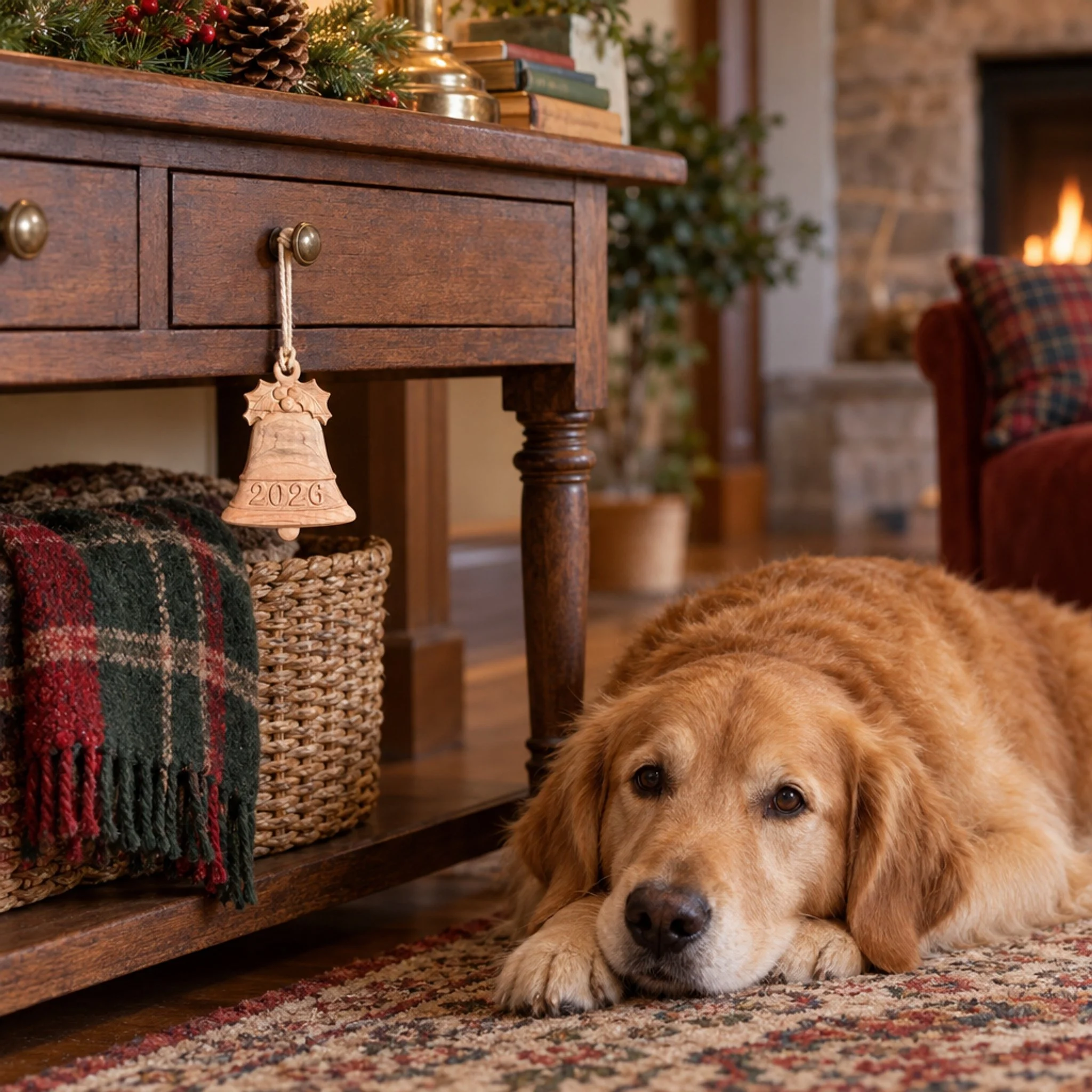 Maple 2026 bell ornament hanging from a cabinet drawer near a golden retriever.