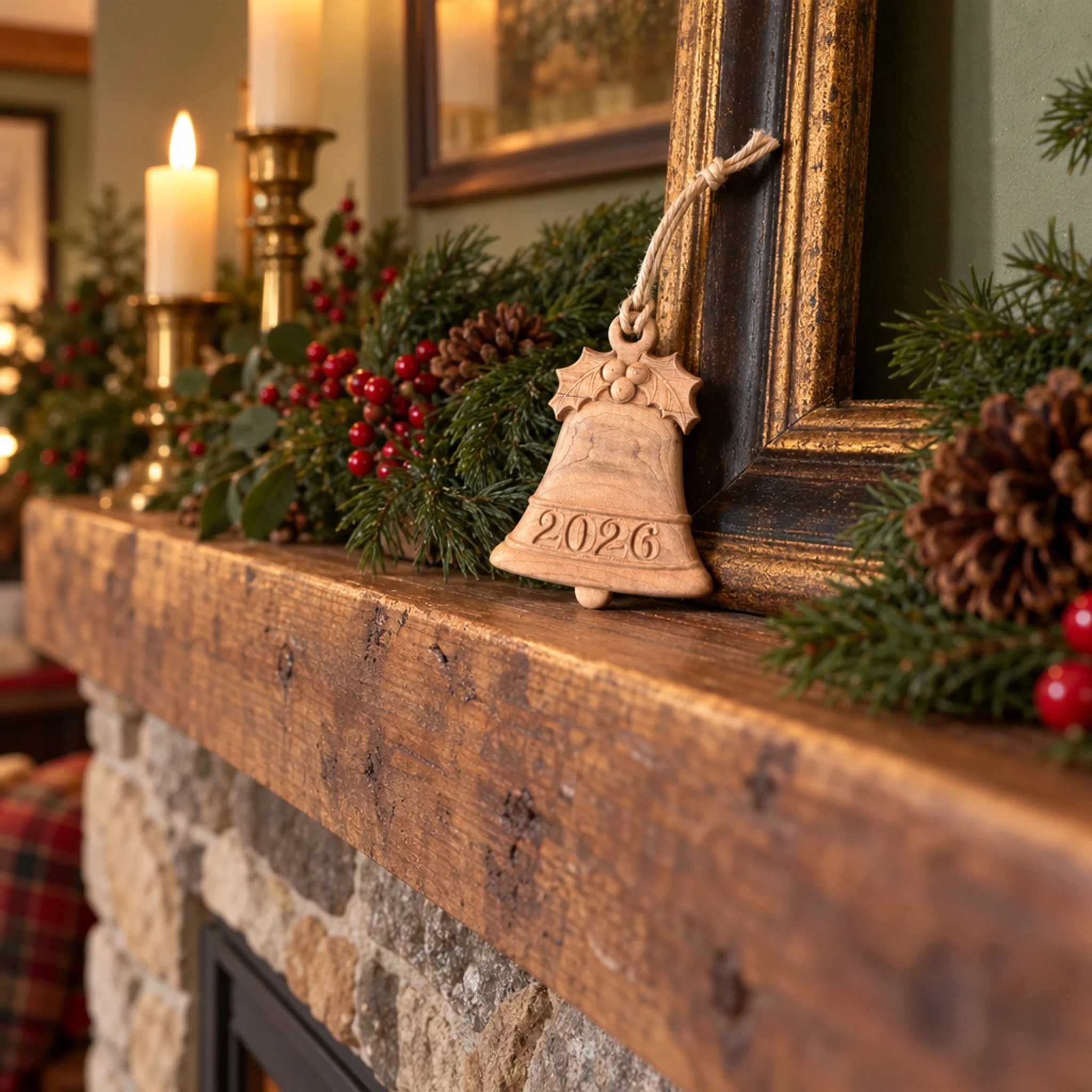 Maple 2026 bell ornament displayed on a greenery-covered fireplace mantel.