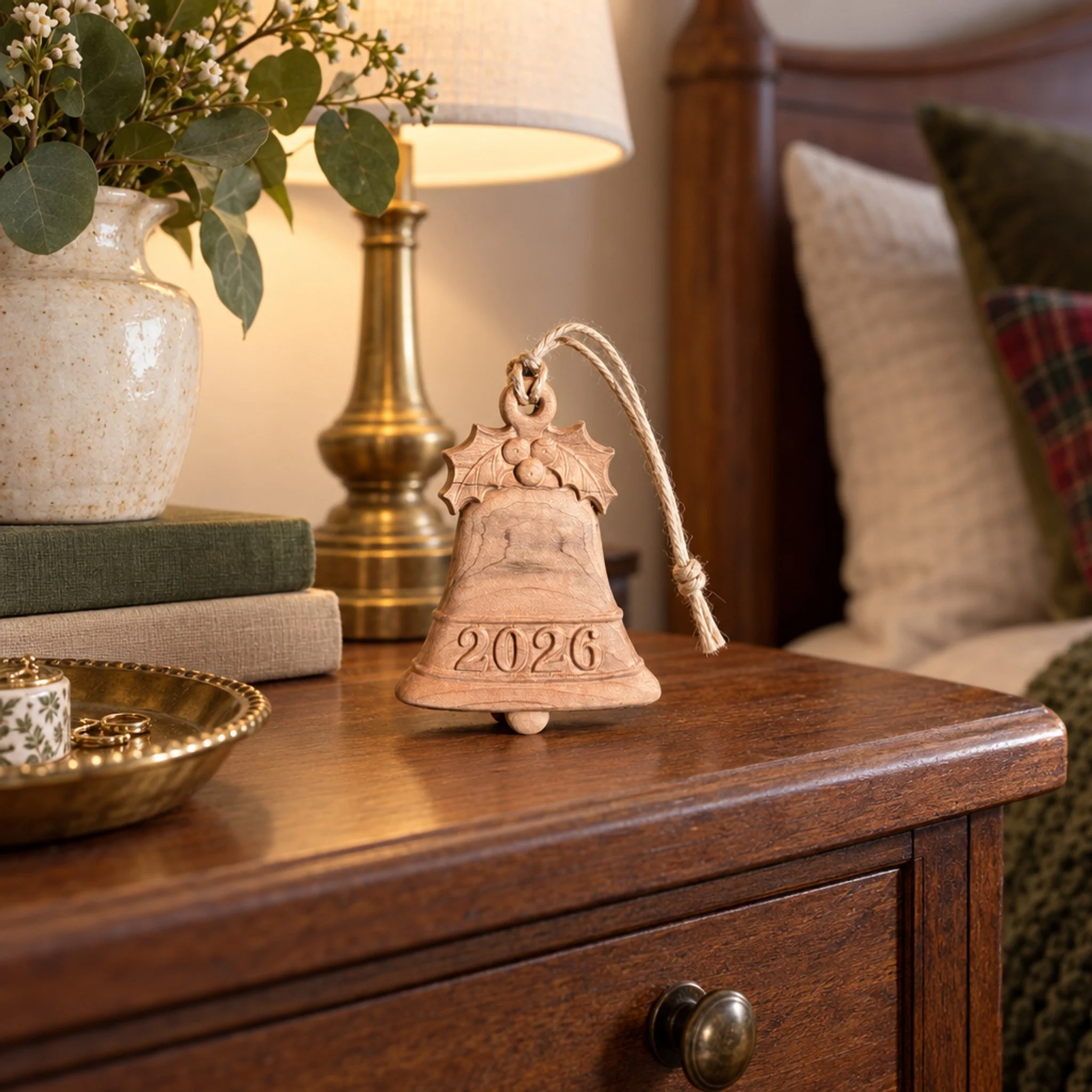 Carved maple bell ornament with holly on a bedside table beside books and a lamp.