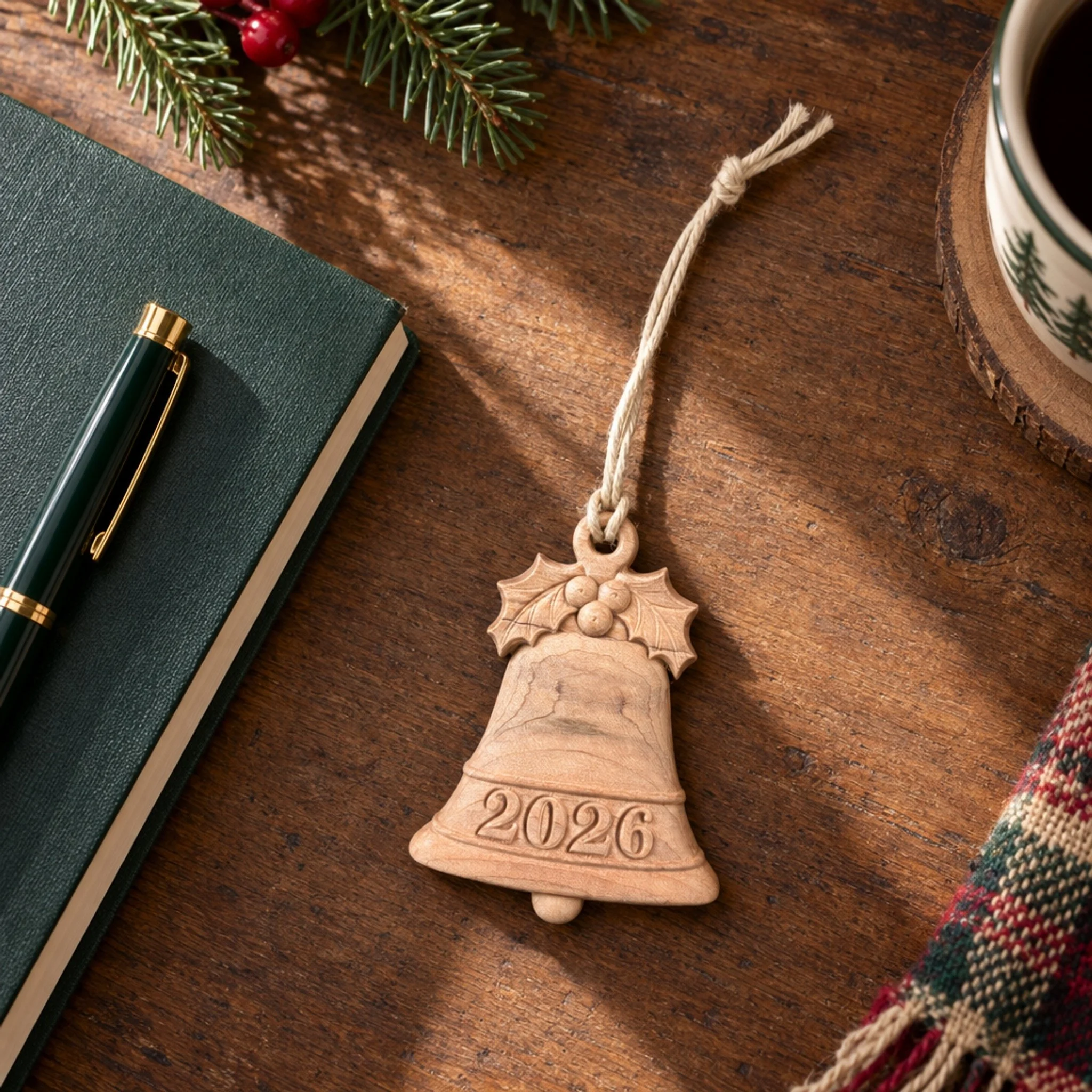 Overhead view of maple 2026 bell ornament on a wood table with a notebook and holiday greenery.