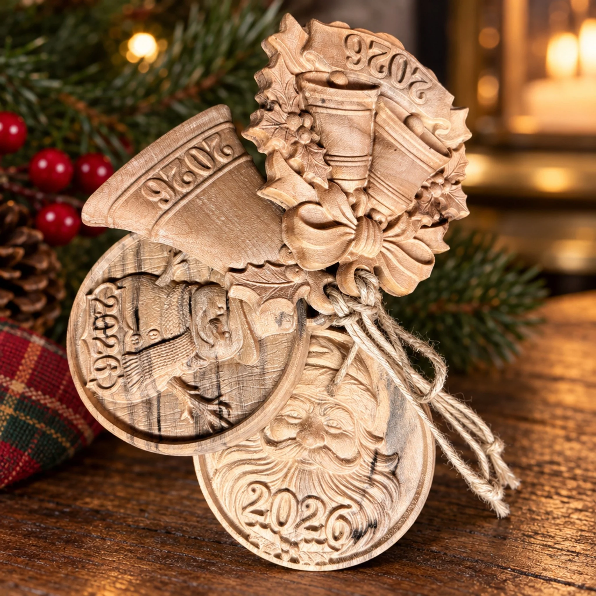 Four carved maple Christmas ornaments—Santa, snowman, bell, and double bells—grouped on a wood table with greenery.