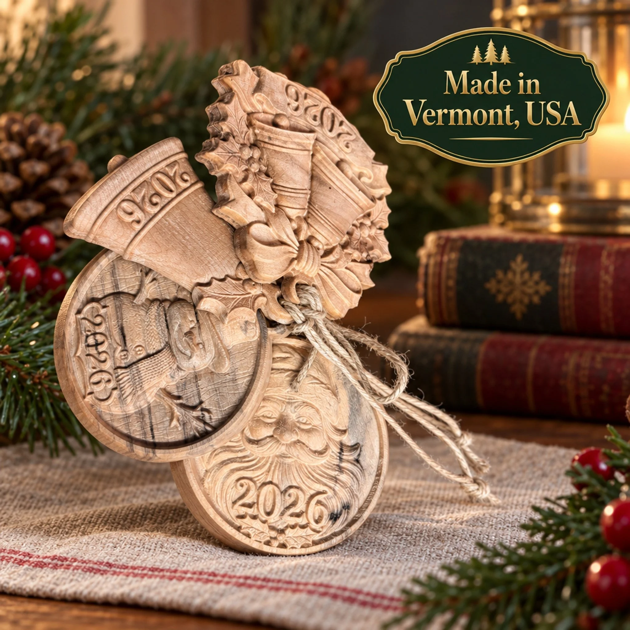 Four carved maple ornaments grouped beside a Made in Vermont, USA graphic.