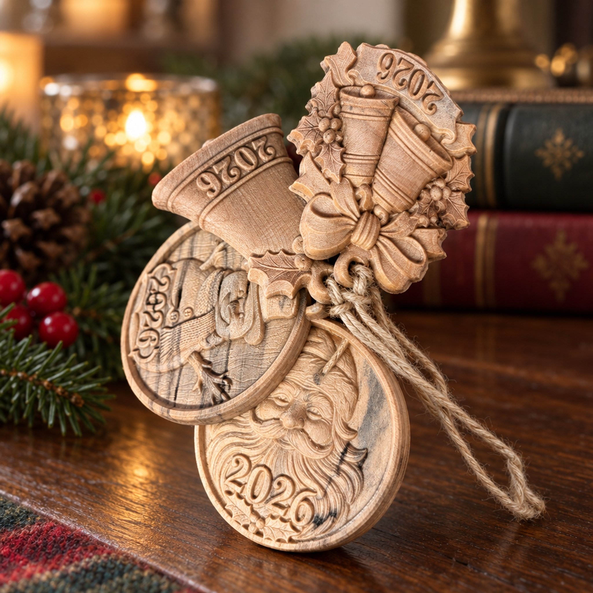 Four carved maple Christmas ornaments with Santa, snowman, bell, and double-bell designs on a holiday table.
