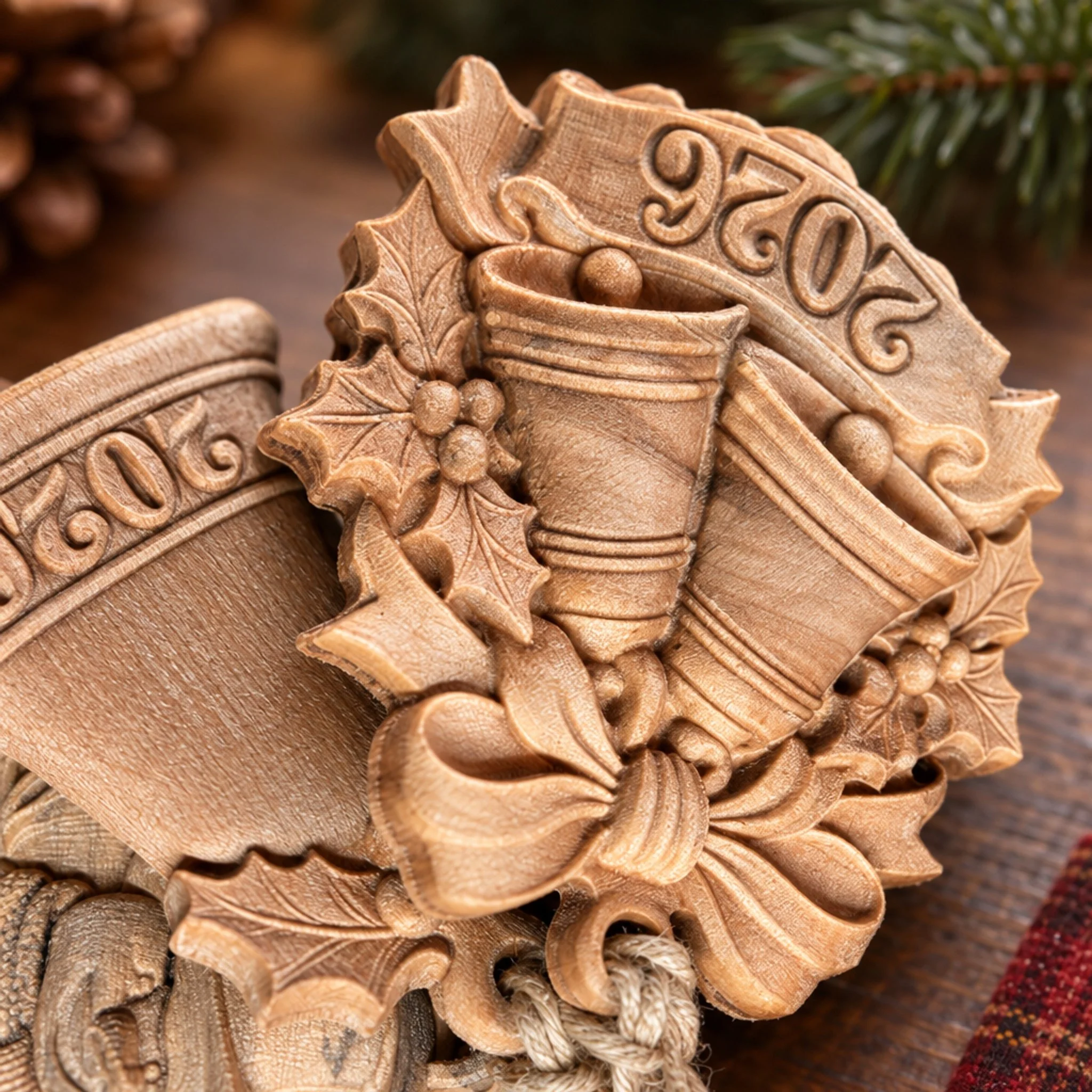 Close-up of carved double bells, holly leaves, berries, and bow in the ornament set.