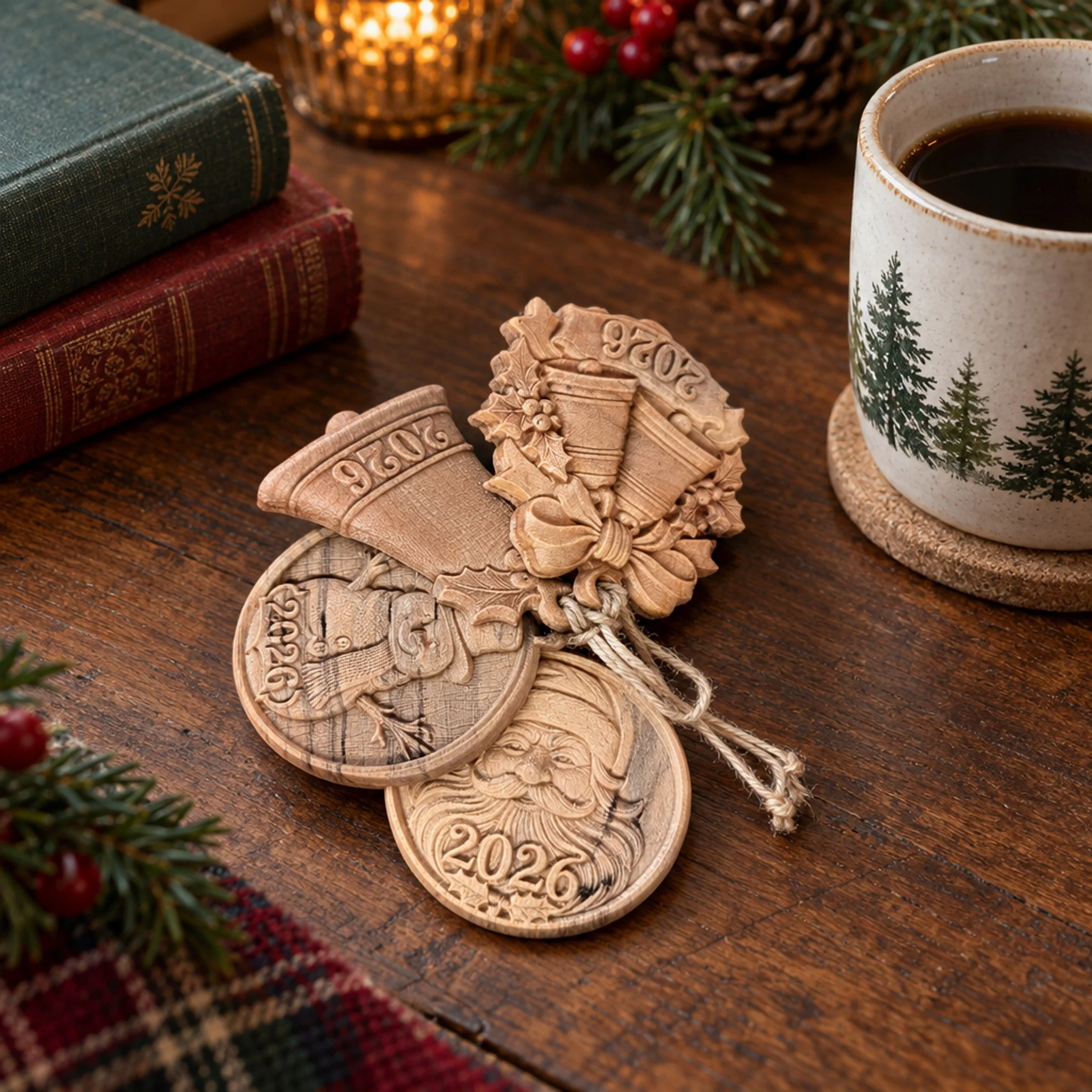 Four carved maple ornaments displayed on a wood table beside Christmas books and a mug.