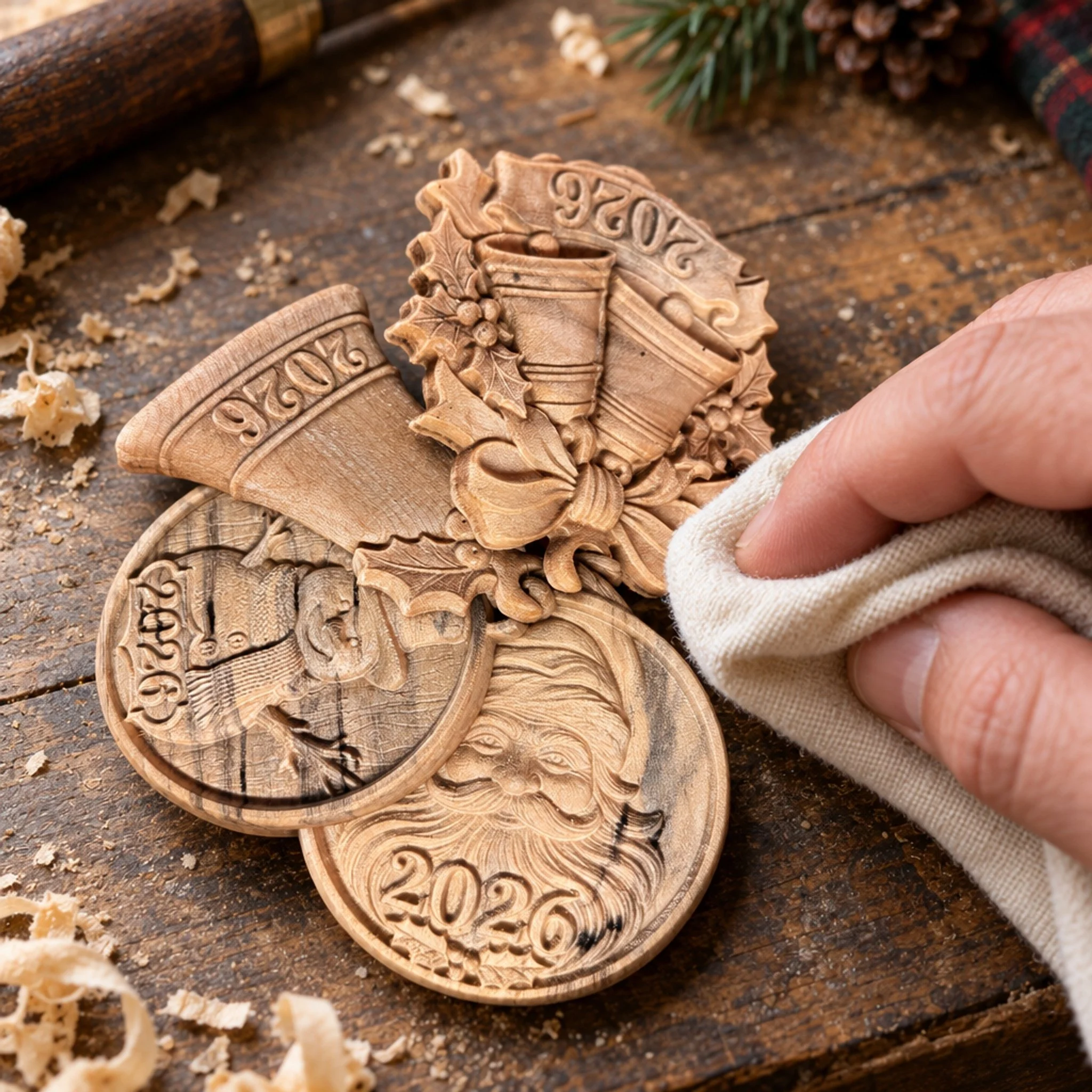 Hand gently wiping the carved maple ornament set with a soft cloth on a workbench.
