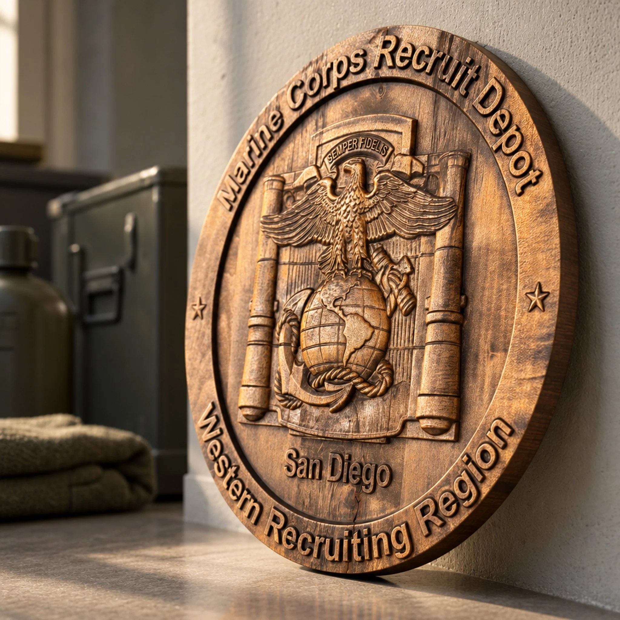 Angled view of the round San Diego depot plaque leaning against a light wall, showing the carved center and side edge.