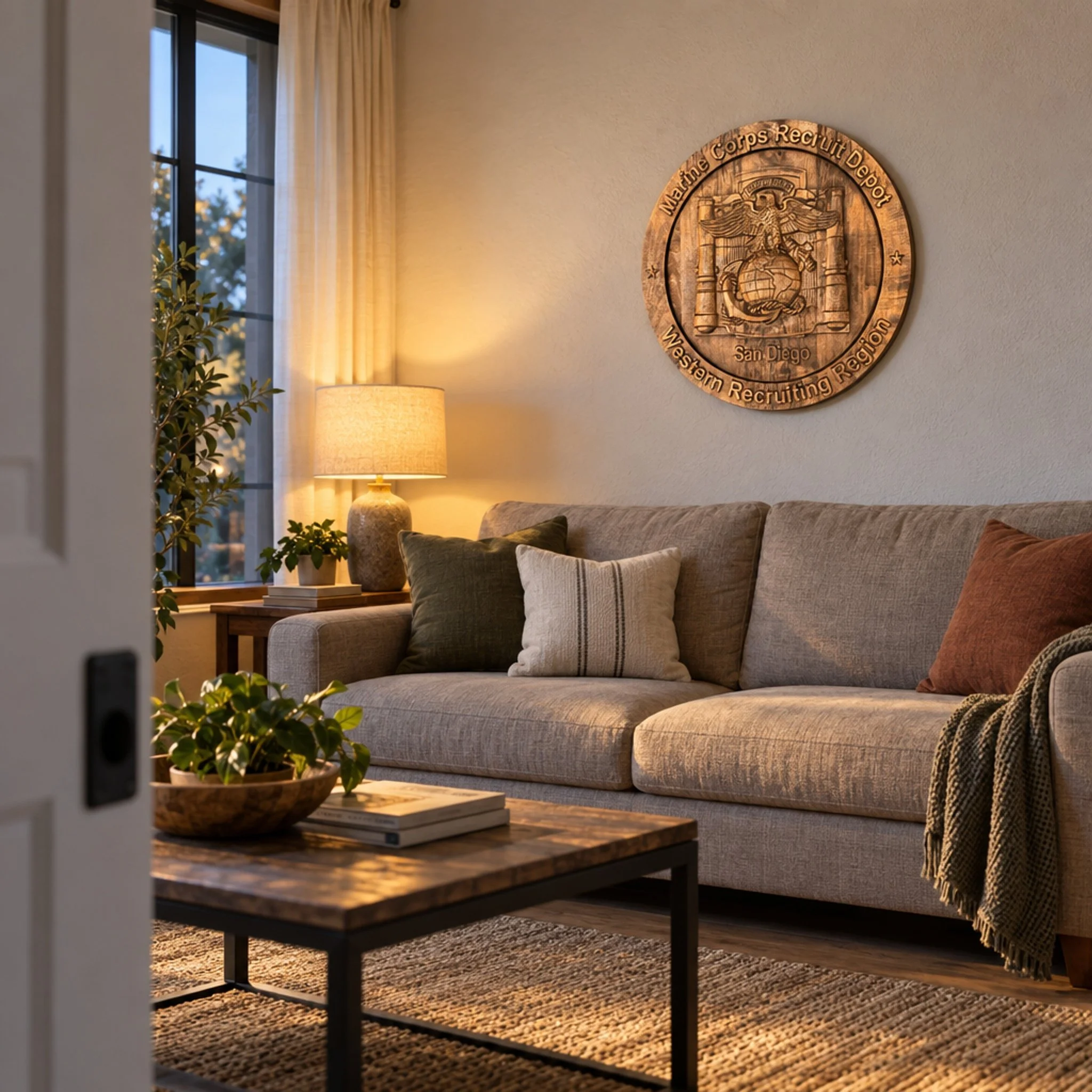 San Diego depot plaque displayed above a sofa in a living room with a lamp, plants, and a coffee table.