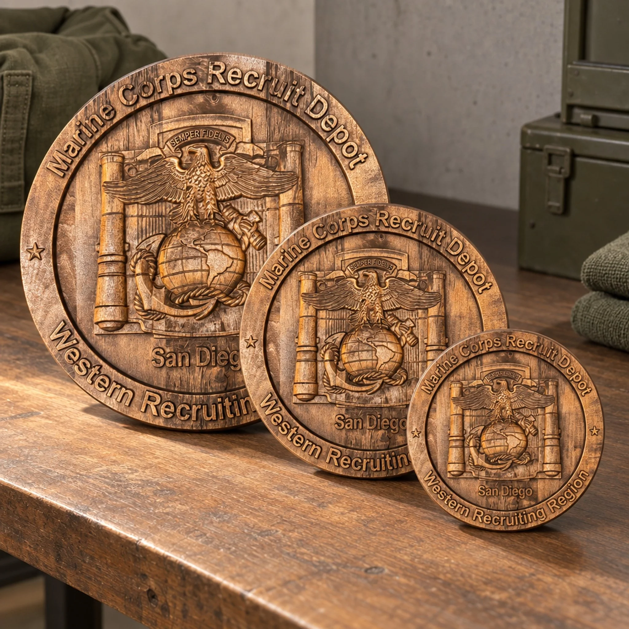 Three San Diego depot plaques shown in different relative sizes, arranged together on a wooden table.