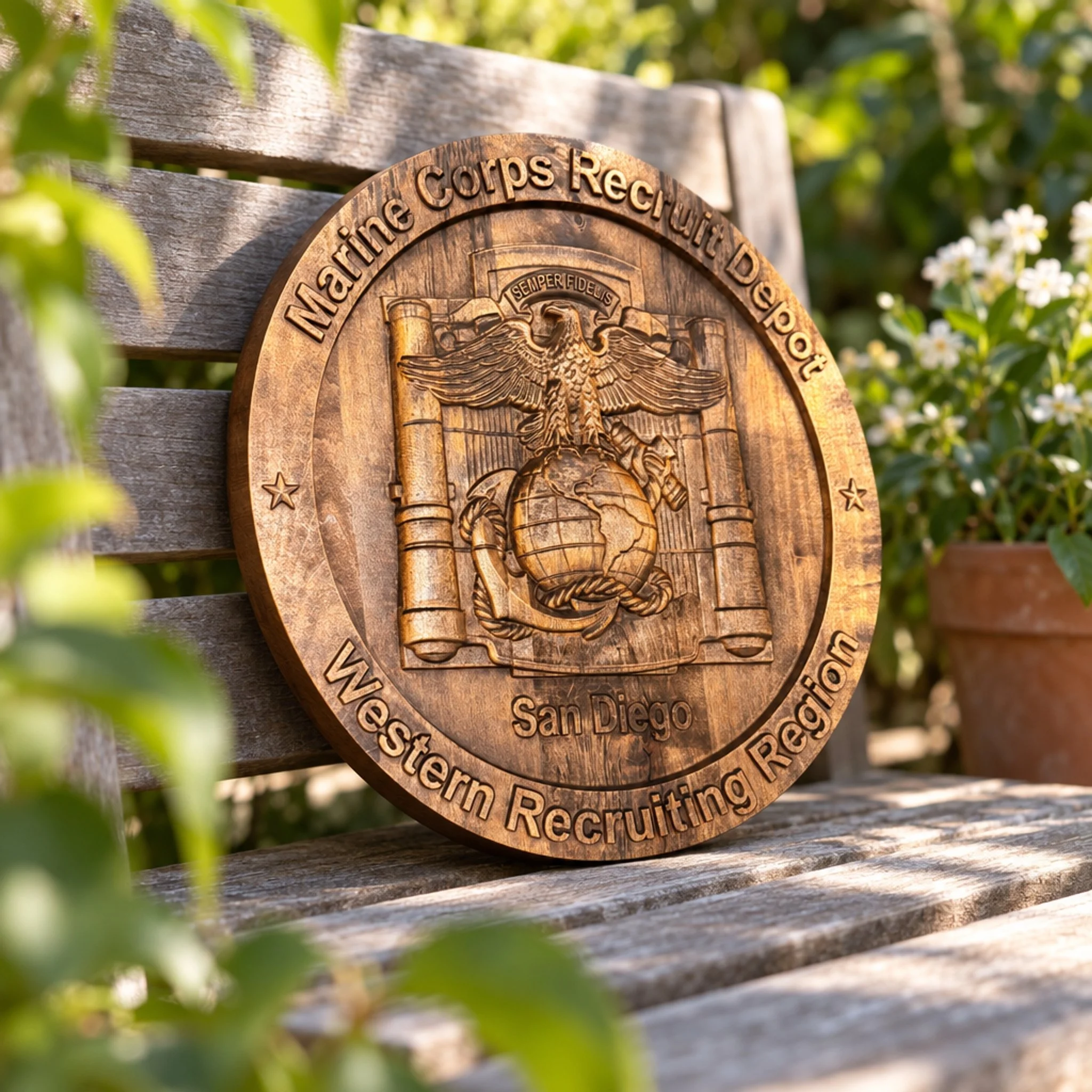San Diego depot plaque displayed on a wooden garden bench surrounded by greenery.